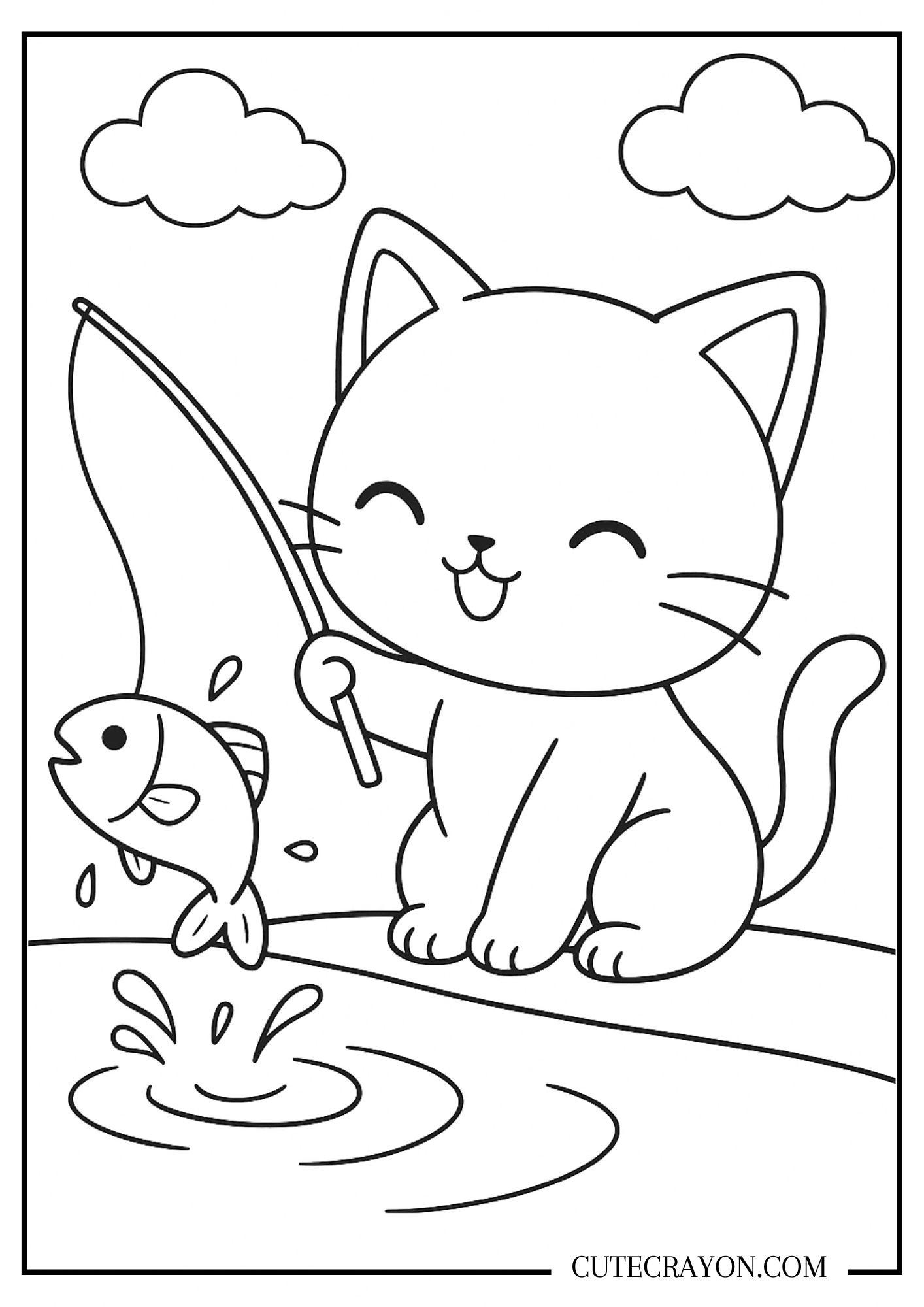 Cat coloring page with a happy cat fishing by a pond and catching a fish. Printable PDF.