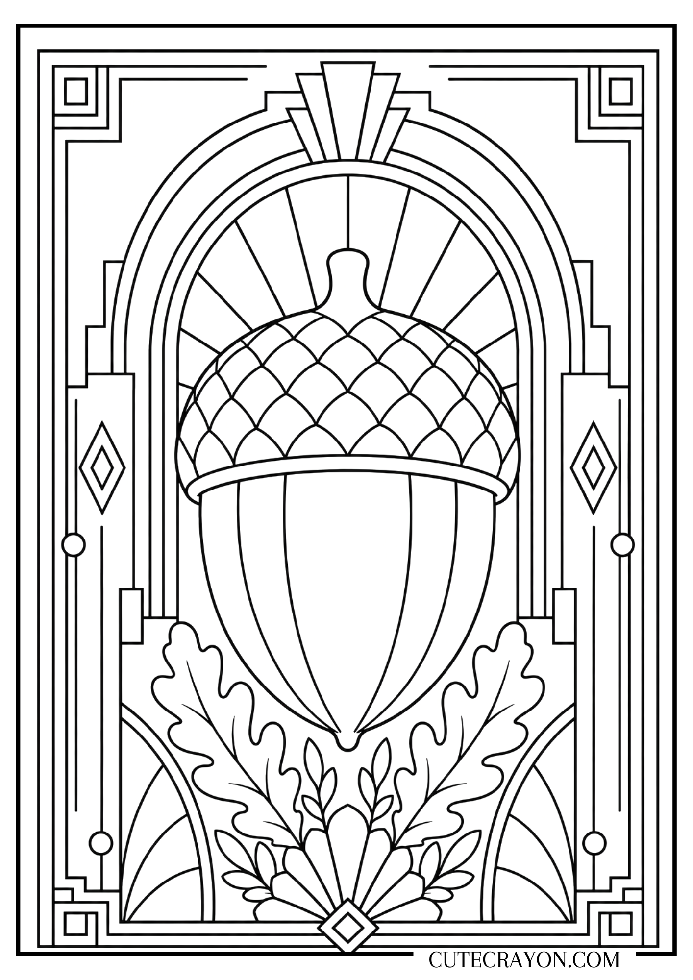 Aesthetic fall coloring sheet, free printable PDF, featuring a large acorn in an Art Deco–inspired frame with geometric arches, oak leaves, and elegant autumn details.