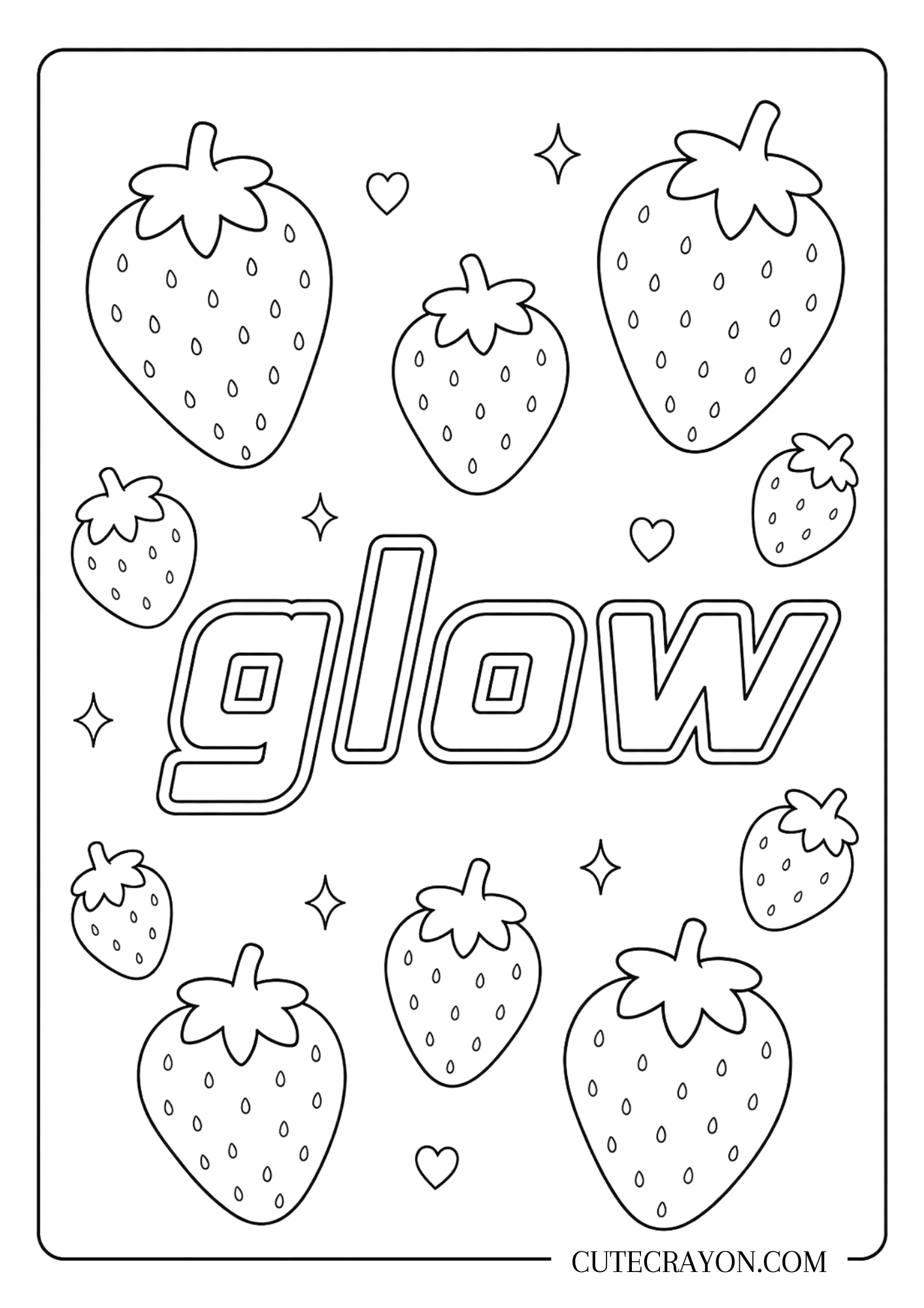 Cool coloring sheet for teens featuring “glow” lettering surrounded by strawberries, hearts, and sparkles in a trendy black-and-white design
