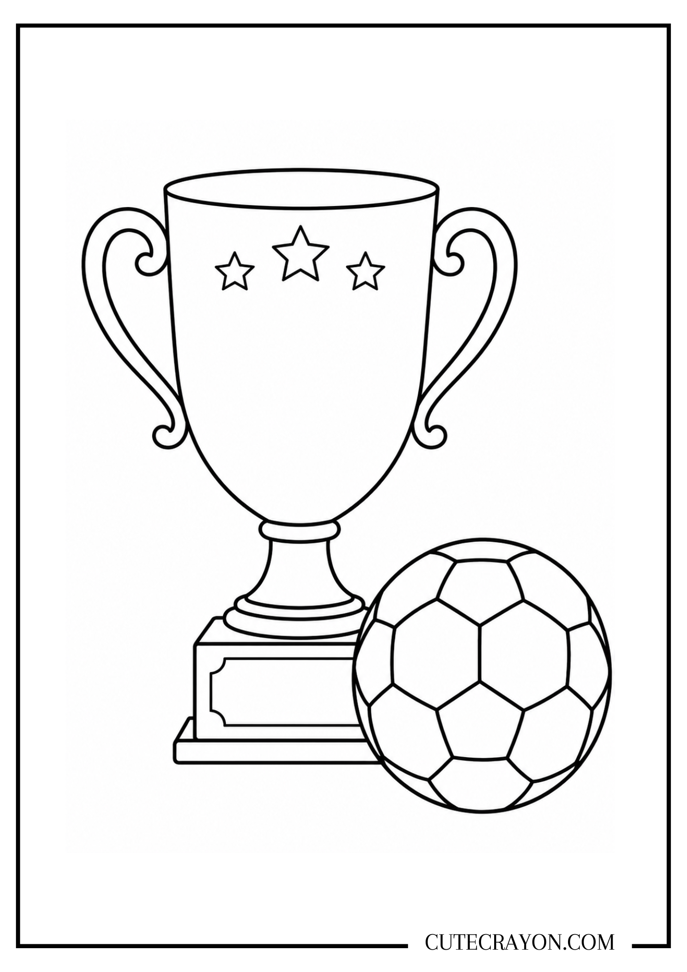 Soccer trophy coloring page featuring a championship trophy and soccer ball.