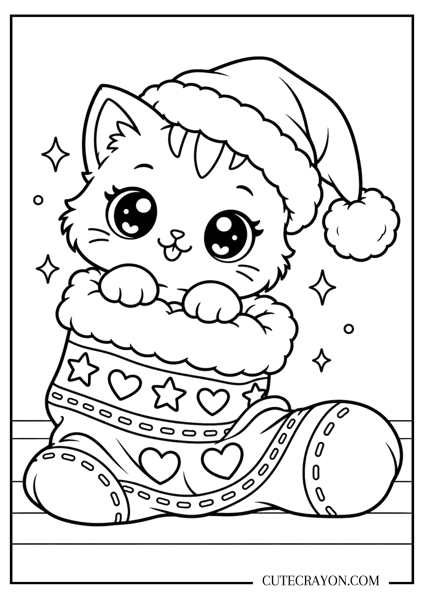 Kawaii Christmas coloring page with a kitten in a Santa hat peeking out of a fallen, heart-patterned stocking.