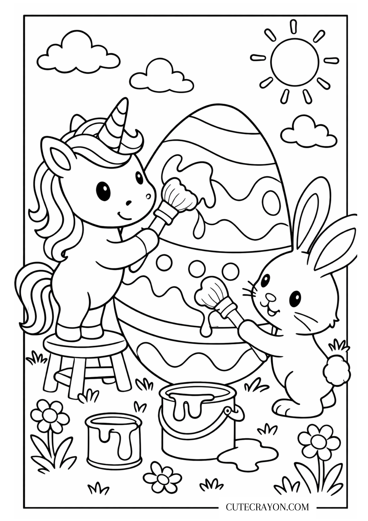 Coloring page with unicorn, easter bunny and giant easter egg - free printable pdf