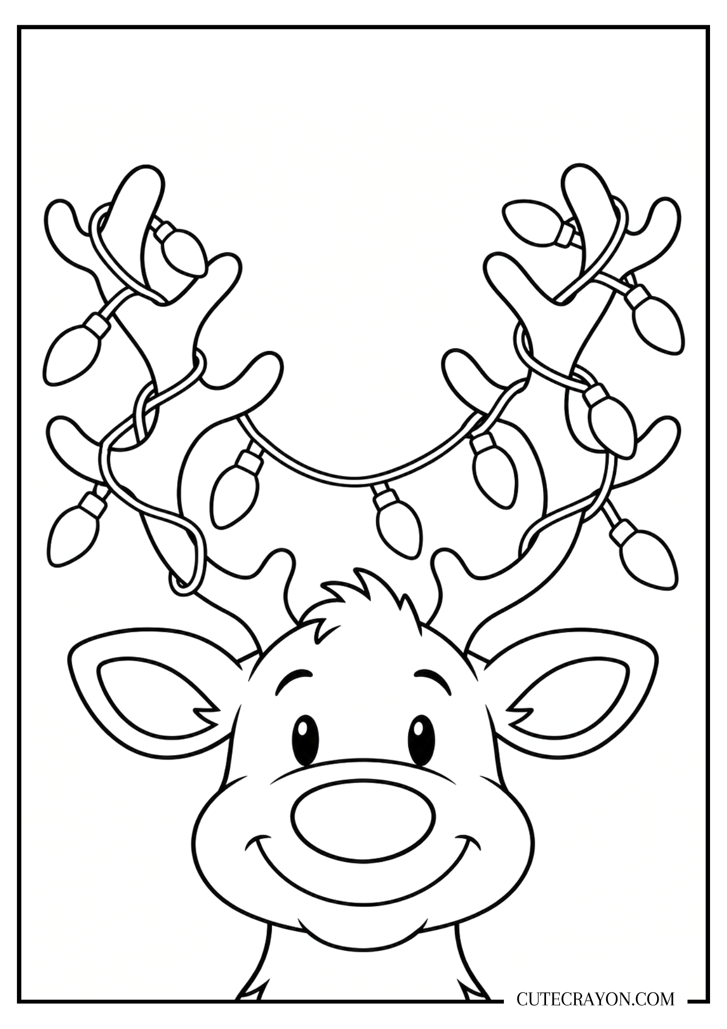 Christmas reindeer coloring page with a smiling reindeer head and a string of Christmas lights wrapped around its antlers.