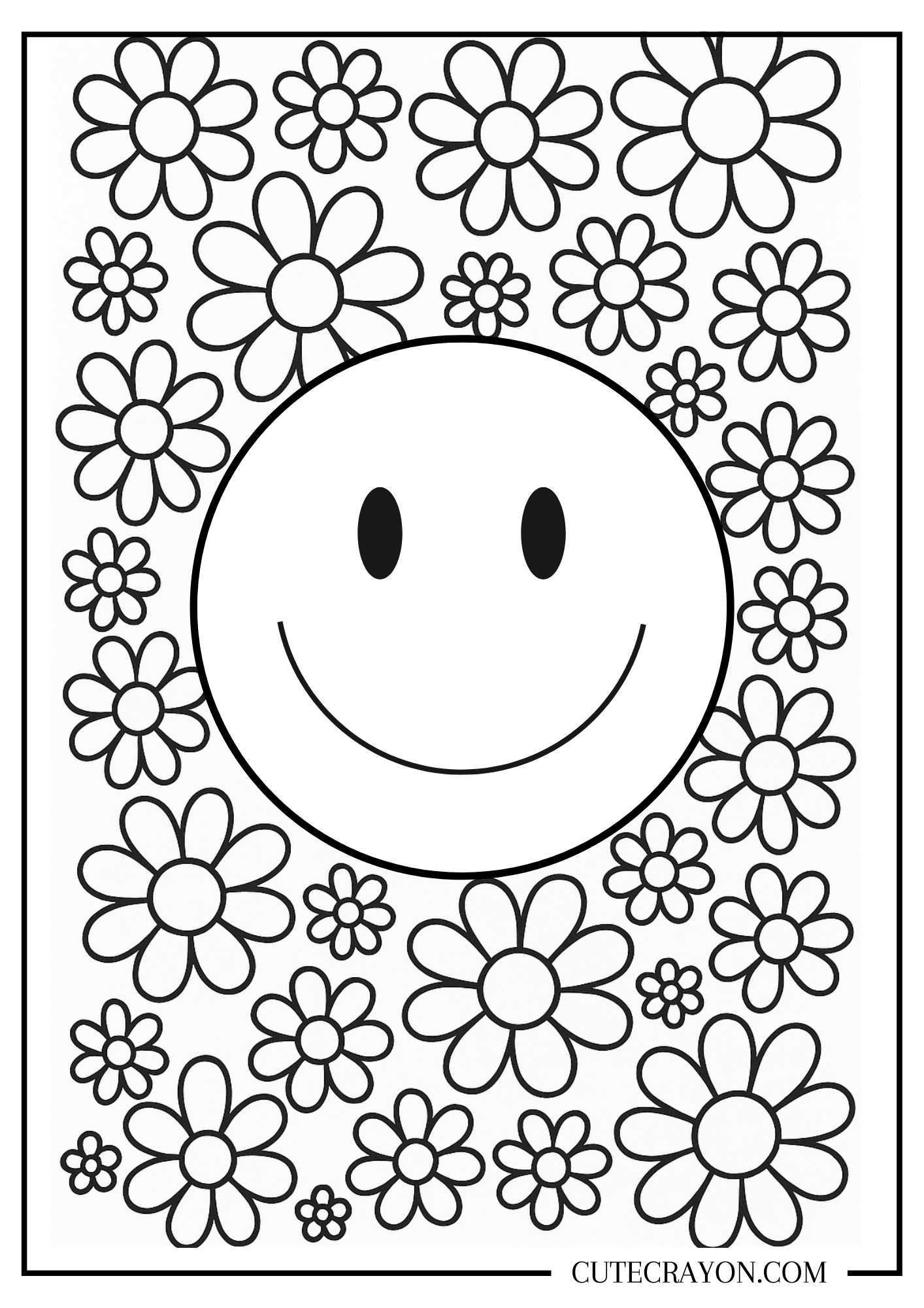 coloring page with Smiley and lots of flowers free printable pdf
