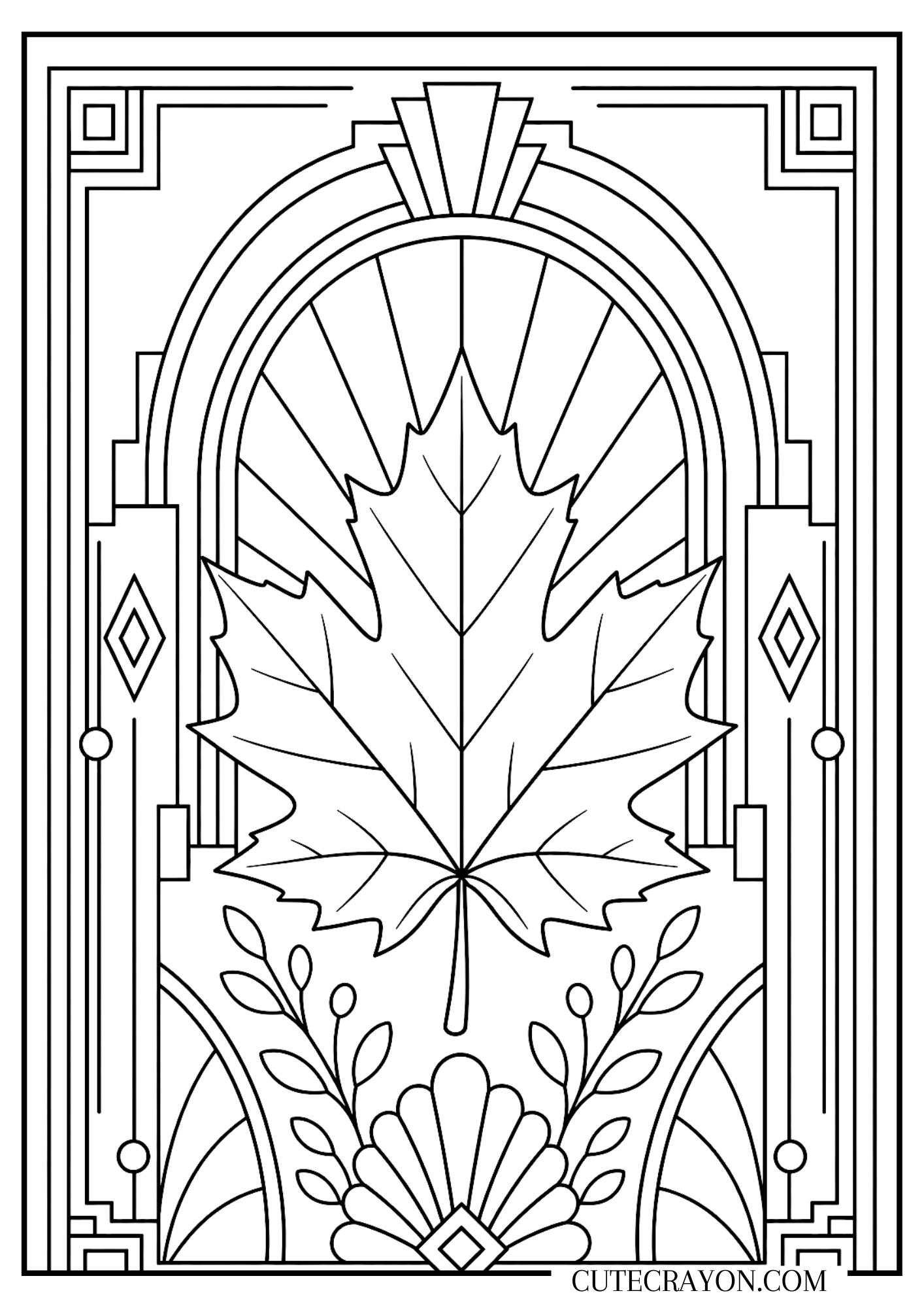 Aesthetic fall coloring sheet, free printable PDF, featuring a large maple leaf in an Art Deco–inspired frame with geometric lines, leafy branches, and elegant autumn details.