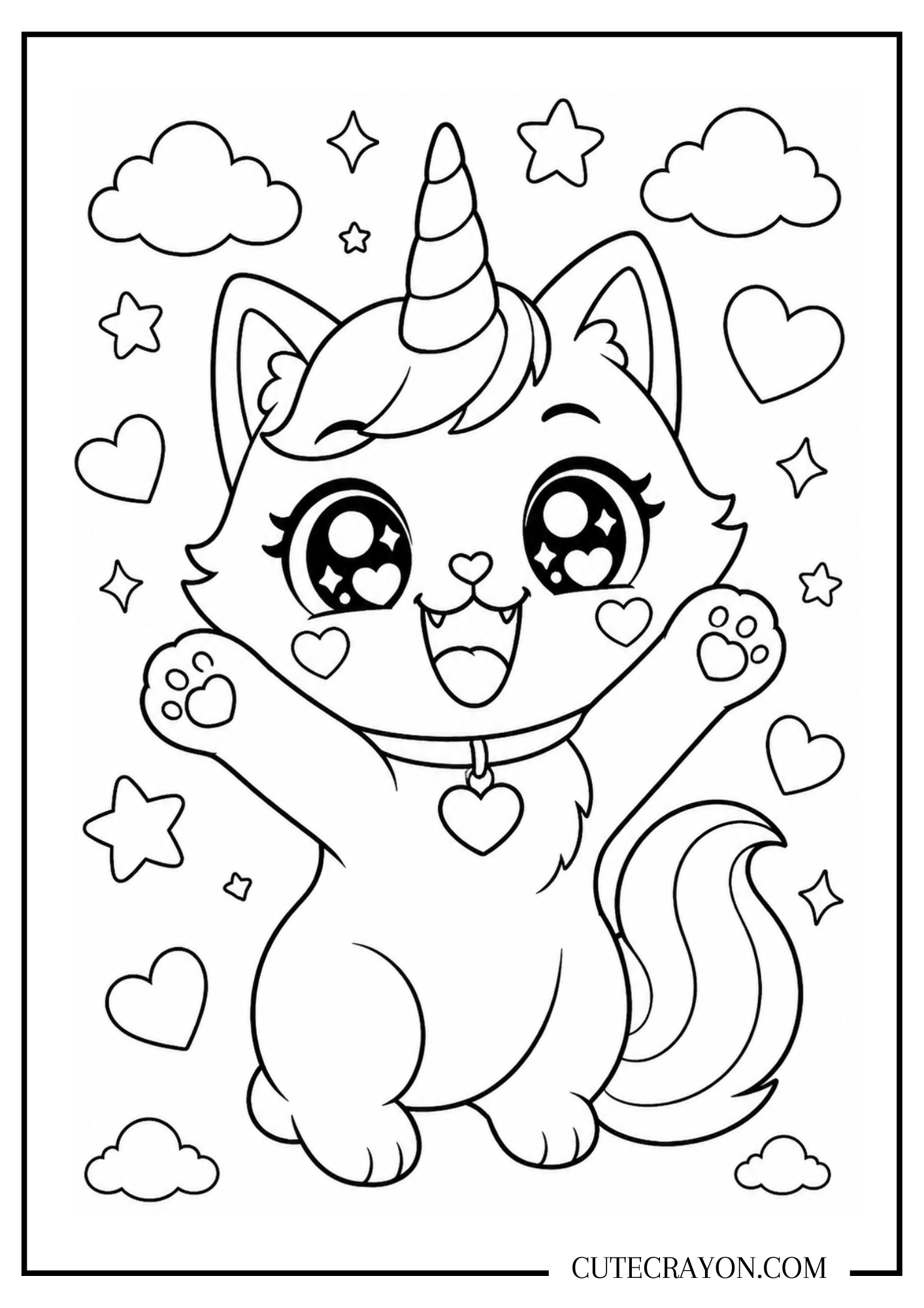 Caticorn unicorn coloring page with a cute cat-unicorn smiling, raising its paws, and surrounded by hearts, stars, and clouds. It's a free printable PDF coloring page.