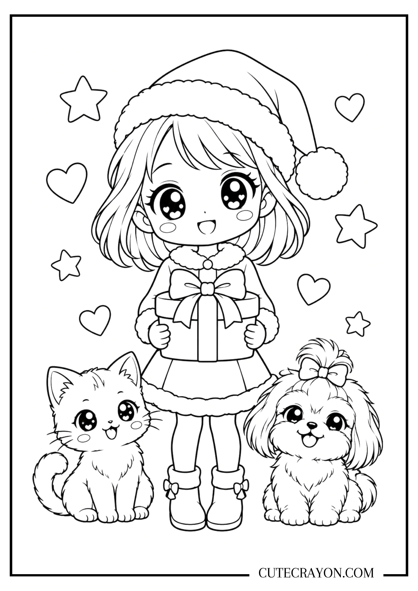 Kawaii Christmas girl coloring page showing a child in a Santa hat holding a wrapped gift between a kitten and a fluffy dog.