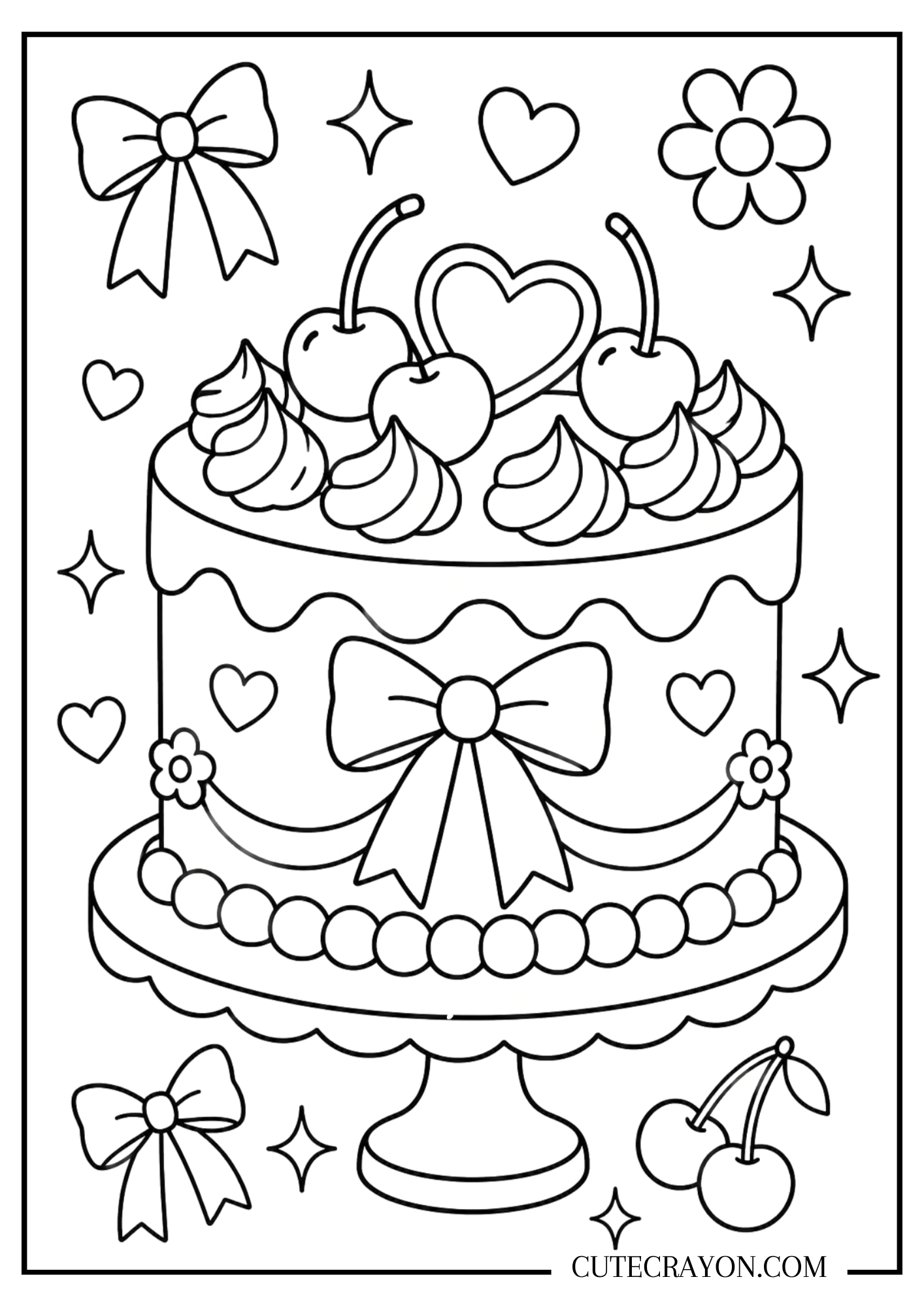 Cake coloring pages, free printable PDF, featuring a decorated cake with cherries, whipped frosting, bows, hearts, flowers, and sparkles in a cute black-and-white design.