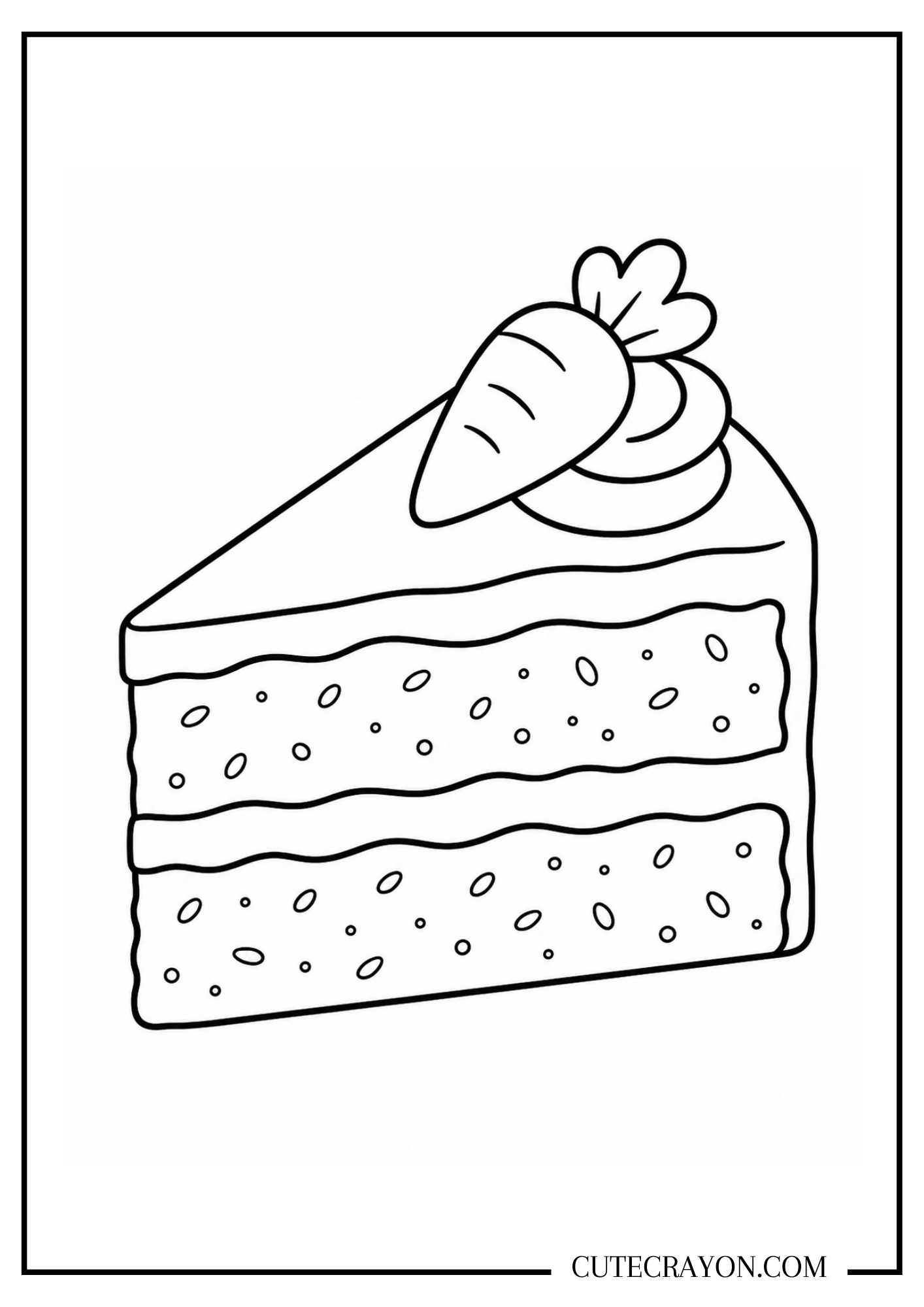 Carrot cake coloring page featuring a slice of layered carrot cake with frosting and a carrot decoration on top.