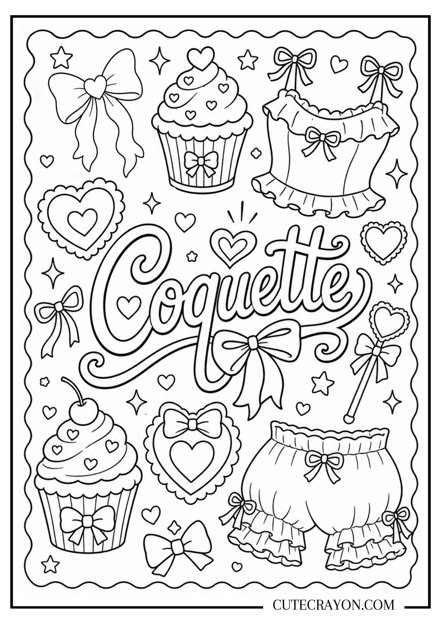 Free printable PDF aesthetic coquette coloring page featuring the word “Coquette” surrounded by bows, hearts, cupcakes, ruffled shorts, a feminine top, and cute decorative symbols.