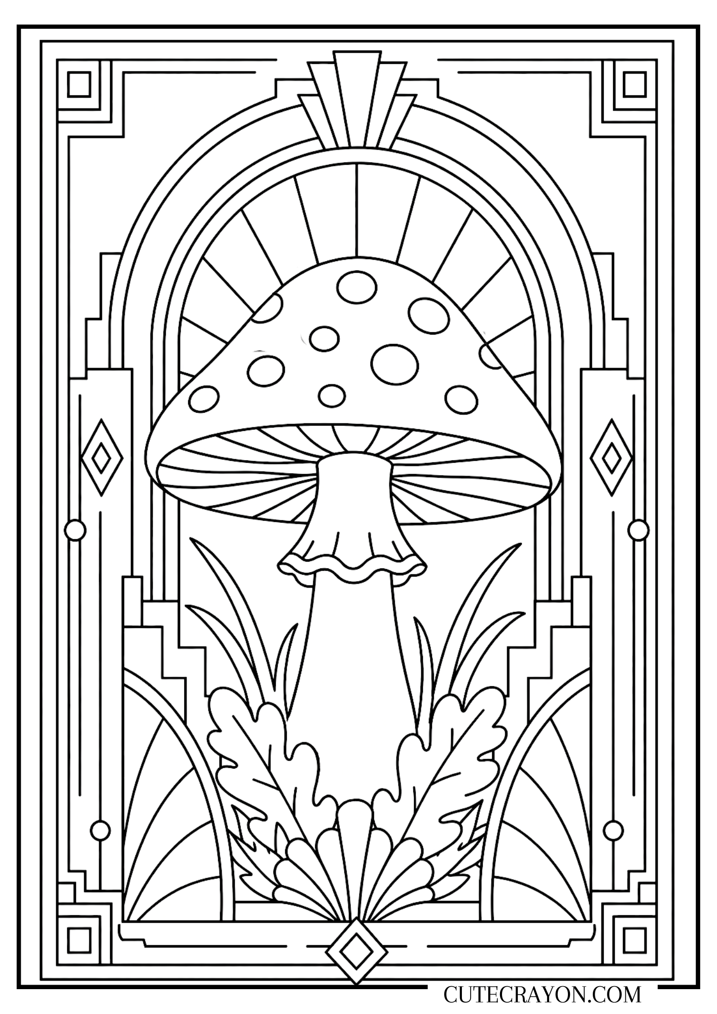Aesthetic fall coloring sheet, free printable PDF, featuring a large mushroom in an Art Deco–inspired frame with geometric details, leafy plants, and a clean black-and-white design.