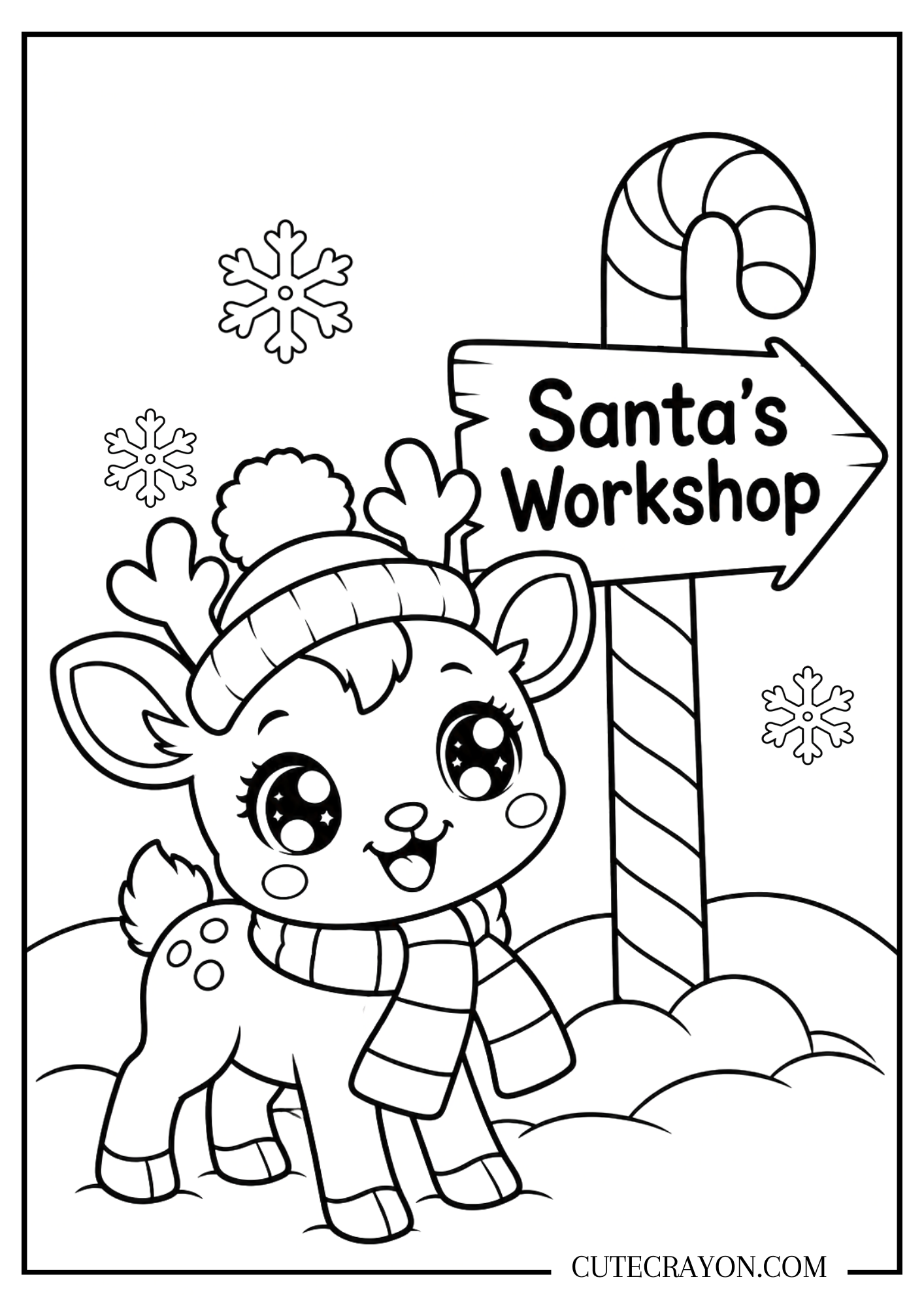 Christmas reindeer coloring page with a baby reindeer in a knit hat and scarf beside a candy-cane-striped “Santa’s Workshop” sign.
