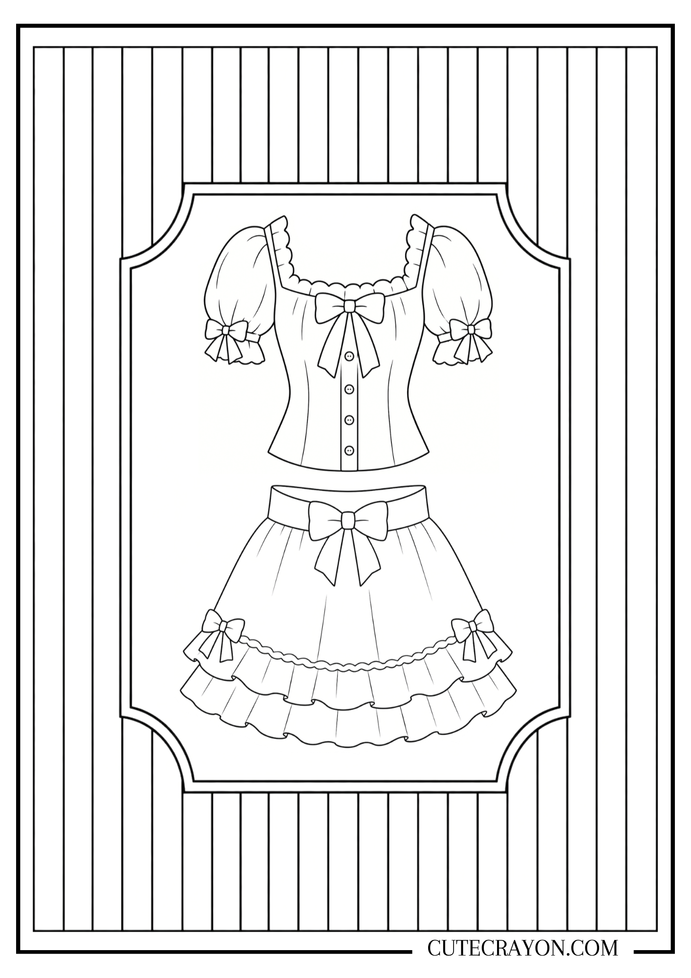 Free printable PDF coquette outfit coloring page featuring a puff-sleeve top and ruffled skirt decorated with bows in a striped vintage-style frame.