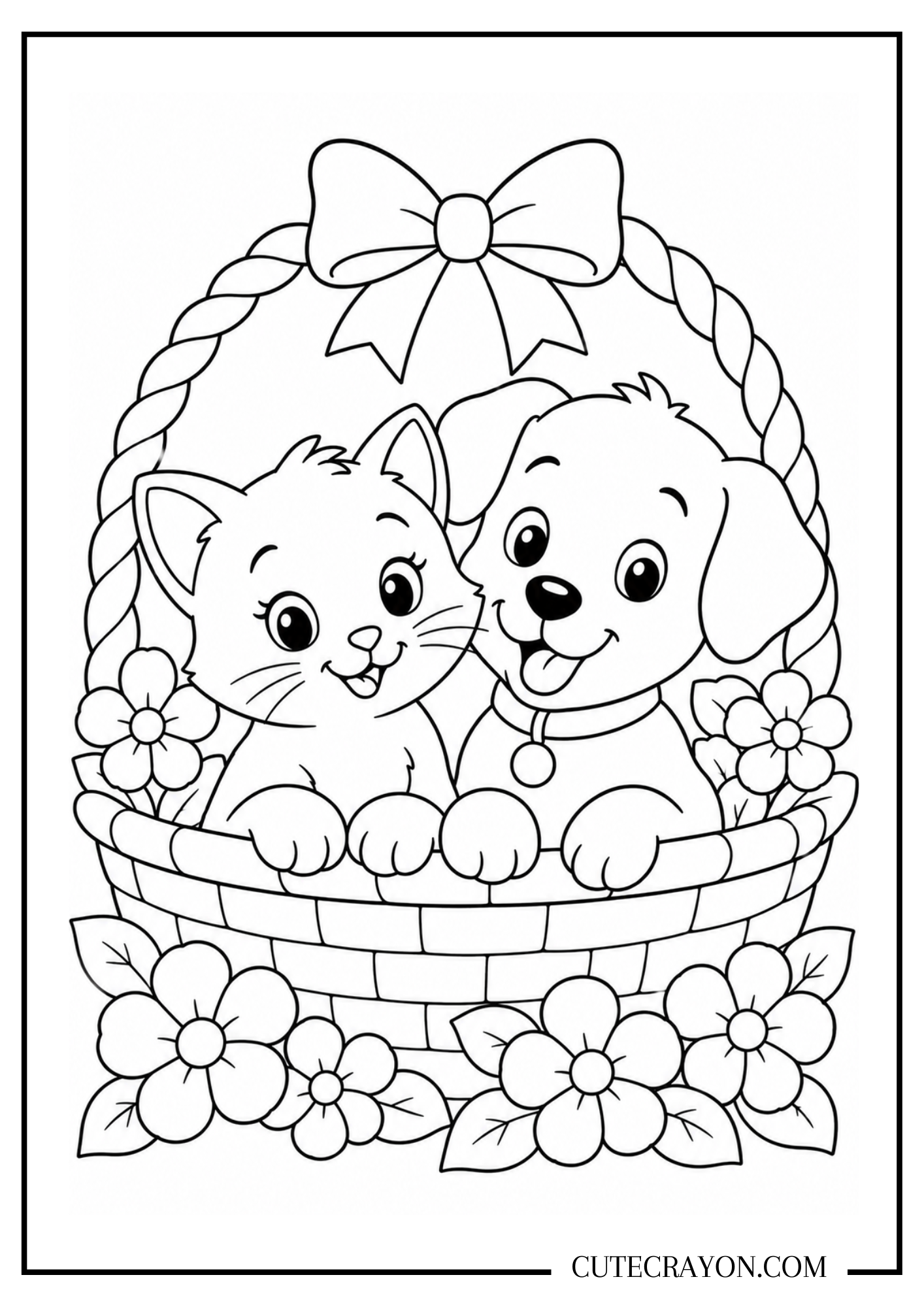 Cat and dog illustration with a smiling kitten and puppy sitting together in a flower basket with a bow. It is a free printable pdf coloring page.