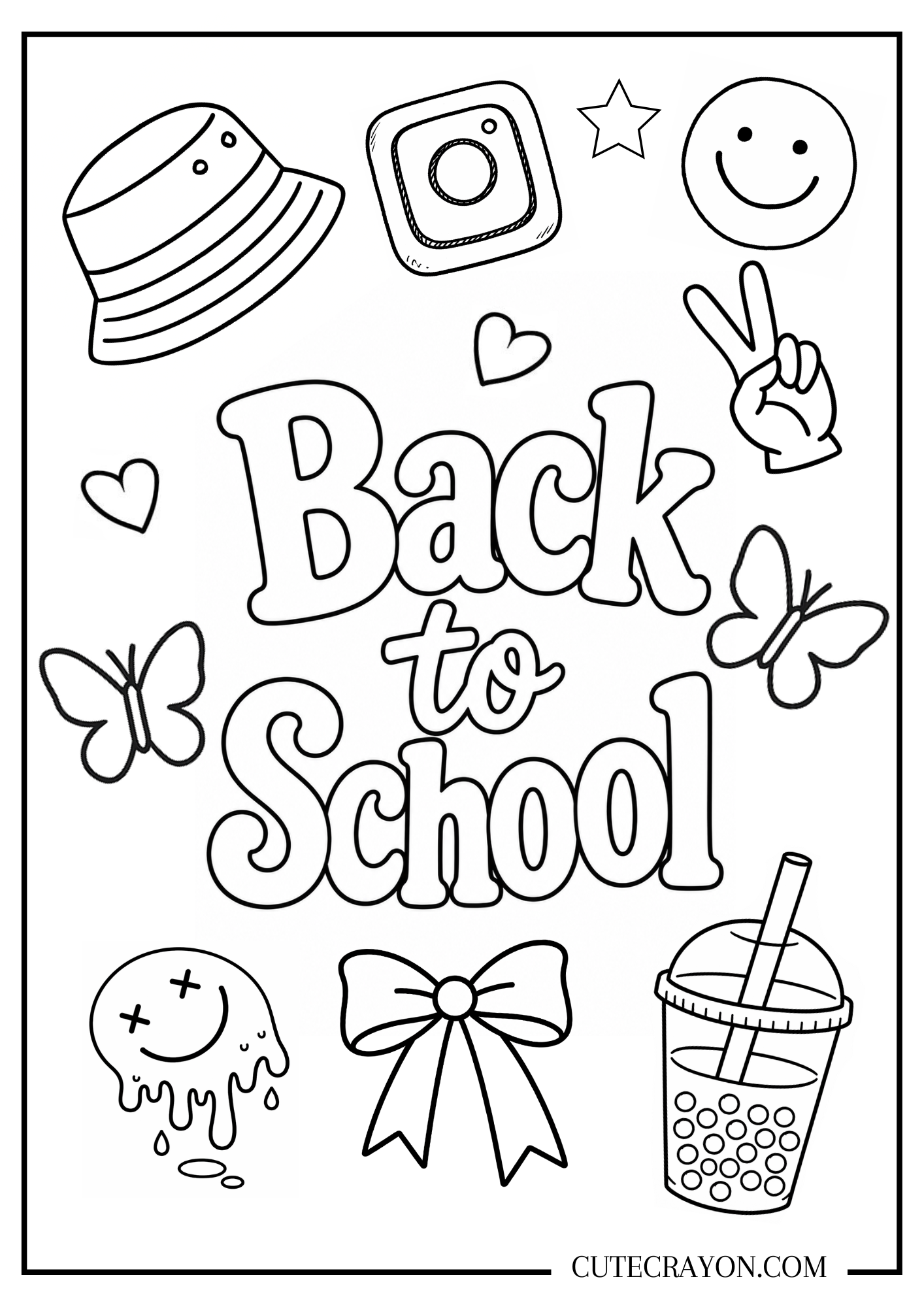 Back to school preppy coloring page featuring bold “Back to School” lettering with preppy doodles, including a bow, bucket hat, butterflies, smiley faces, peace sign, and bubble tea. It's a free printable PDF.