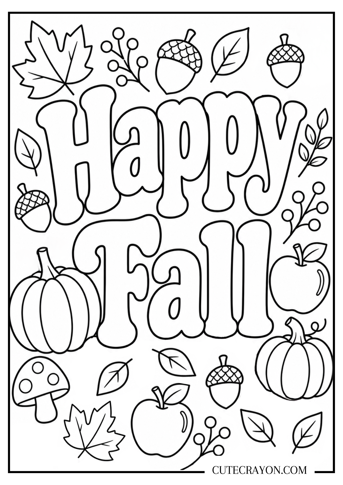 Happy fall coloring page with large “Happy Fall” text surrounded by pumpkins, apples, acorns, leaves, berries, and a mushroom. It is a free printable PDF.