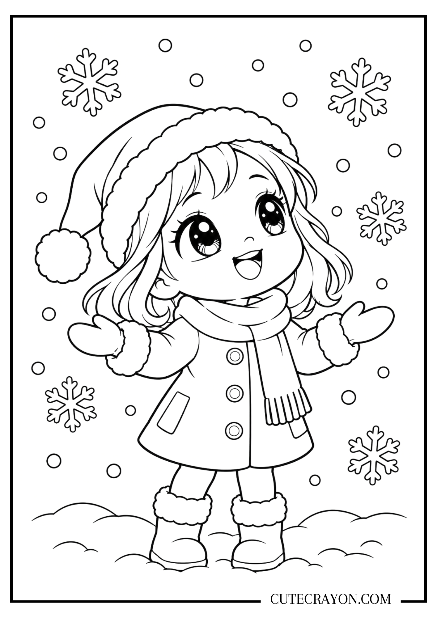 Kawaii Christmas girl coloring page showing a smiling child in a Santa hat, coat, scarf, mittens, and boots surrounded by falling snow.