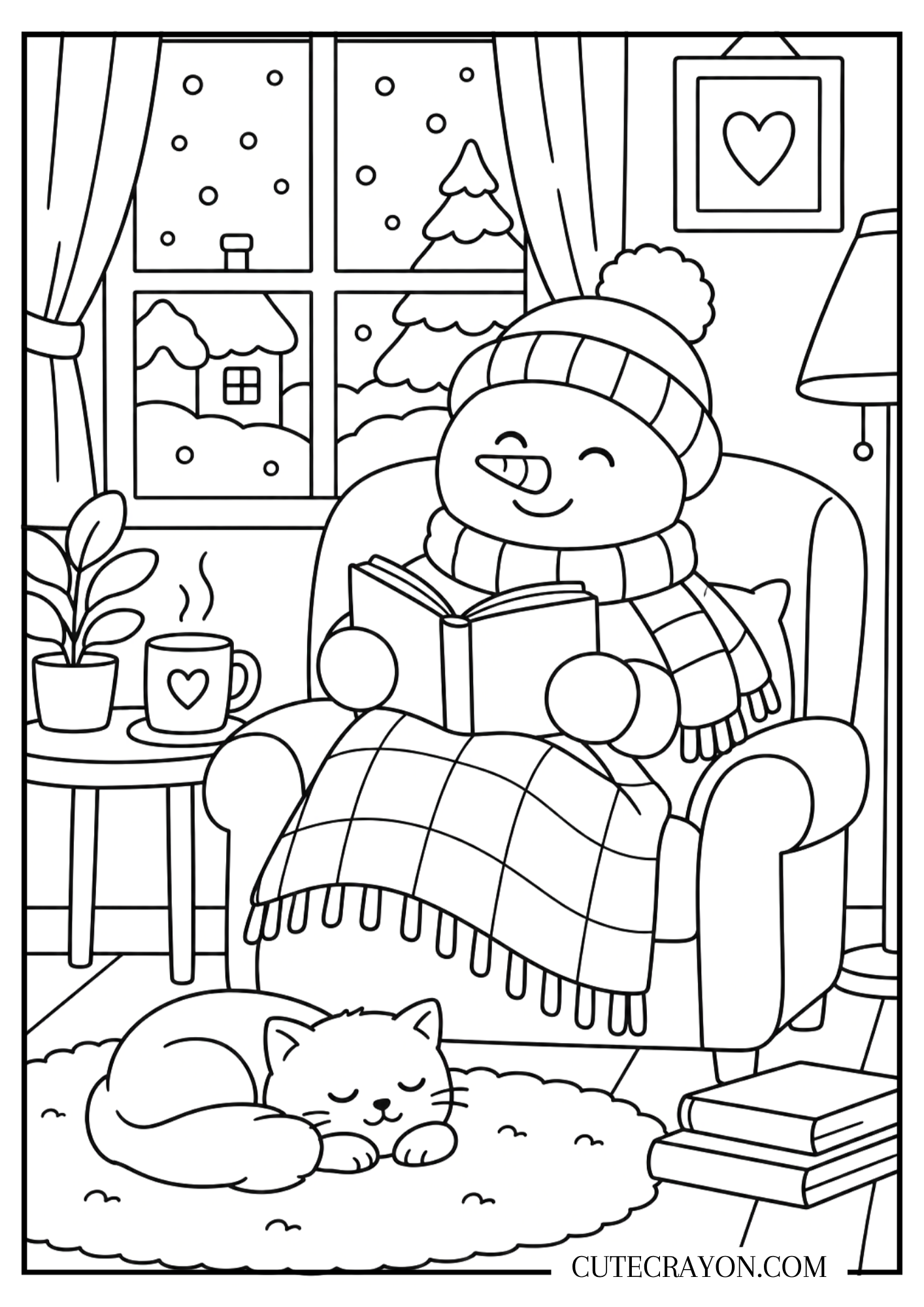 Cozy Christmas coloring page of a snowman reading under a blanket beside a warm drink and sleeping cat – free printable PDF