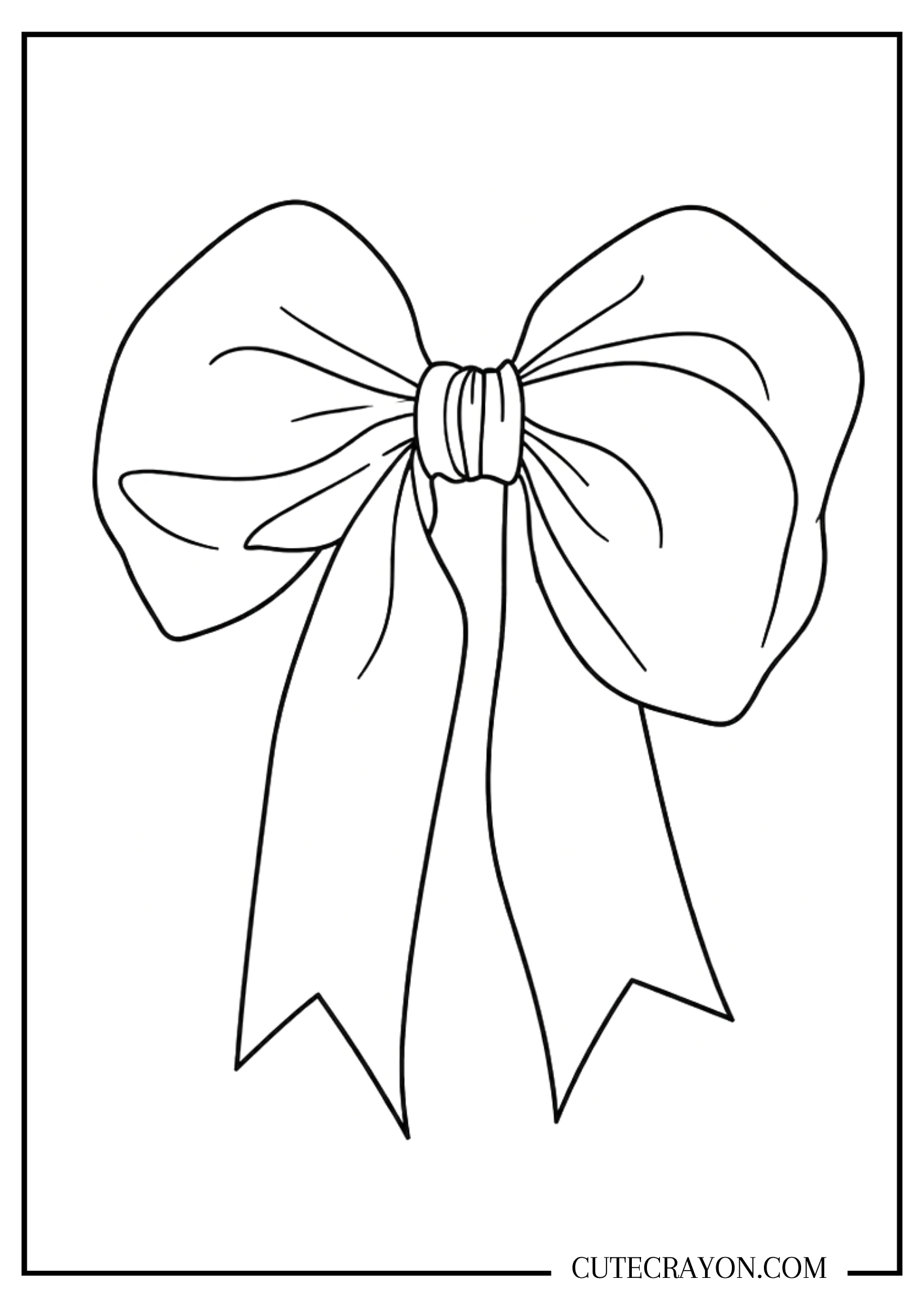 Free printable PDF coquette bow coloring page featuring one oversized ribbon bow with long flowing tails and simple, bold outlines.