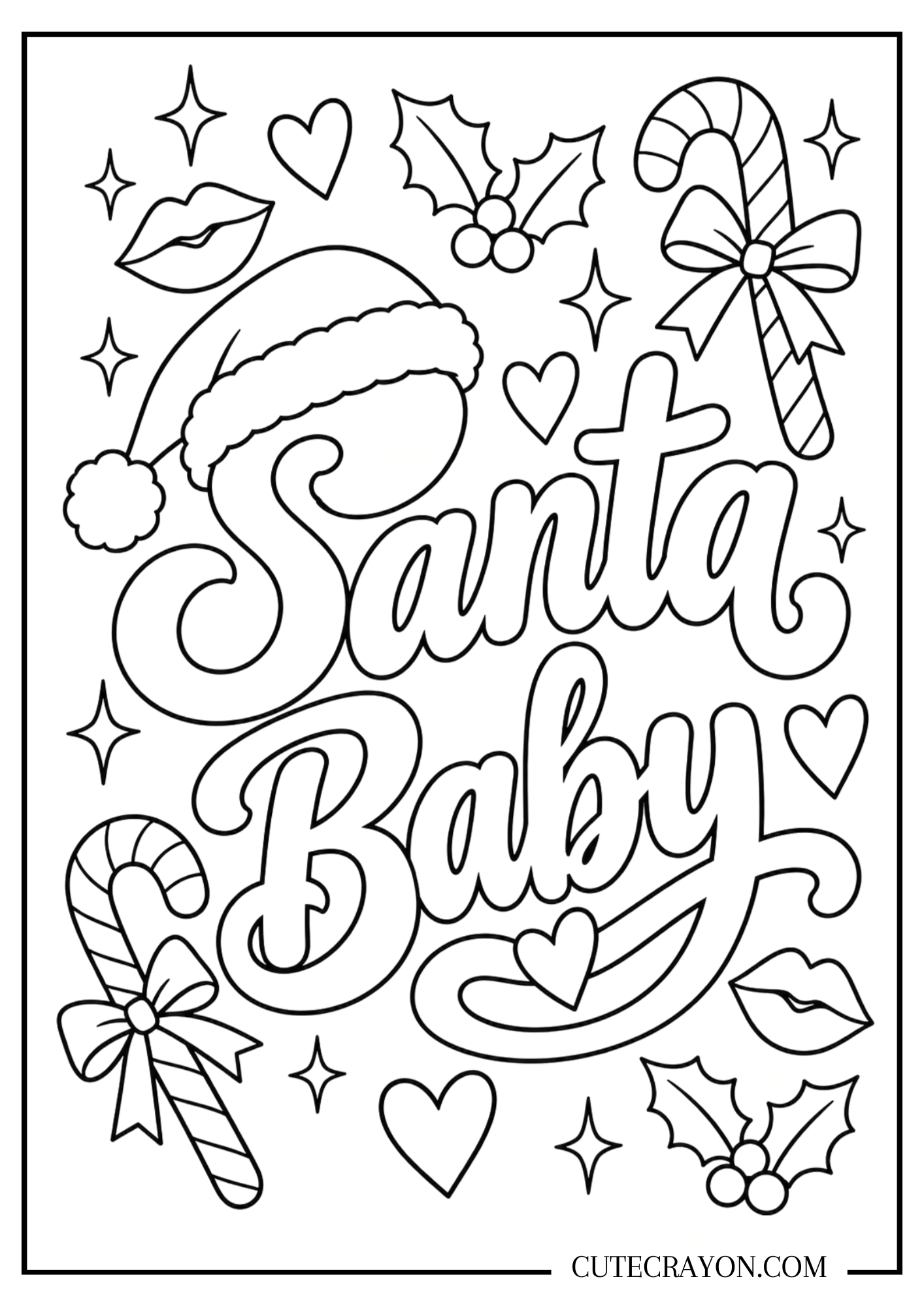 Santa Baby Christmas coloring page with a Santa hat, candy canes, bows, lips, and holly – free printable PDF