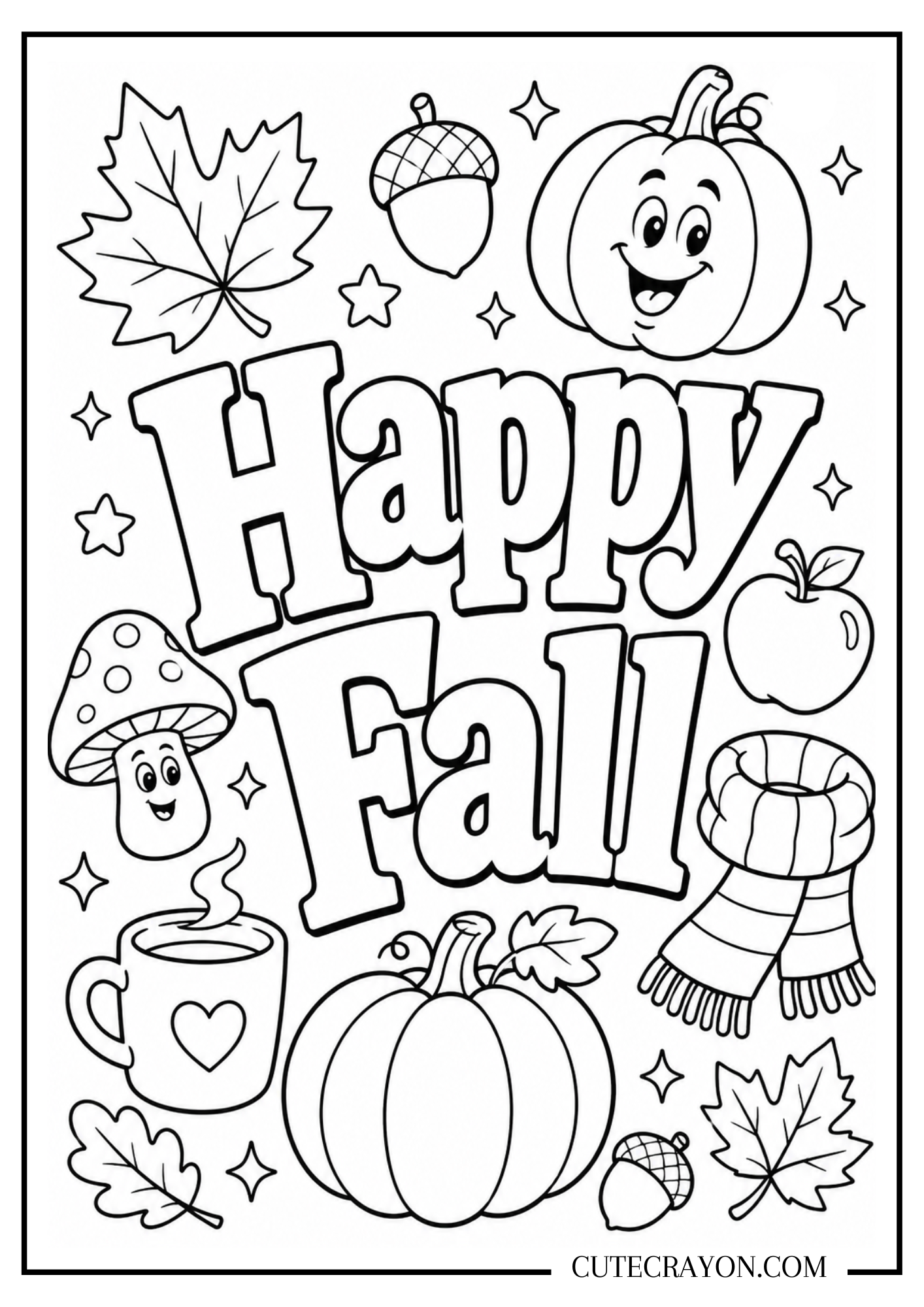 Happy fall coloring page featuring bold “Happy Fall” lettering surrounded by pumpkins, leaves, acorns, a scarf, mug, apple, mushroom, and stars. It's a free printable PDF.