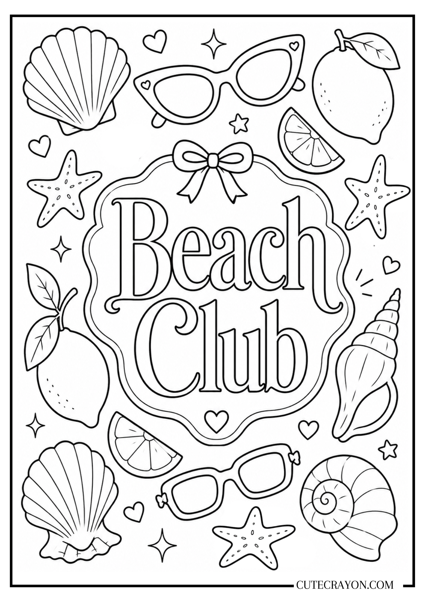 Beach Club coloring page featuring “Beach Club” lettering surrounded by seashells, starfish, sunglasses, lemons, bows, hearts, and summer beach doodles.