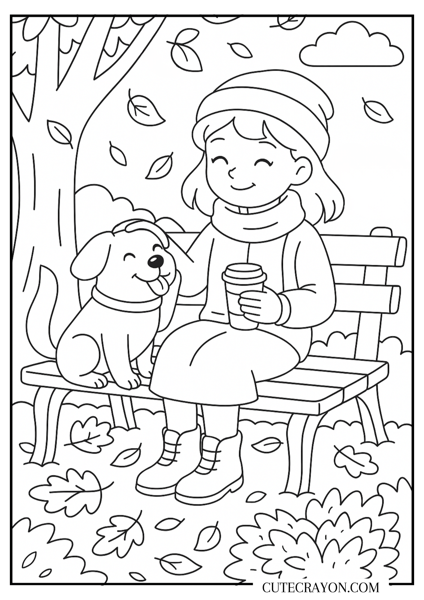 Easy fall coloring page, free printable PDF, featuring a girl sitting on a park bench with her dog, holding a warm drink and surrounded by falling autumn leaves.