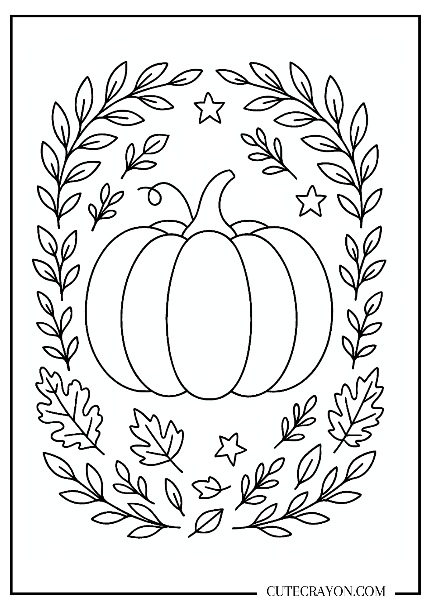 Aesthetic coloring page featuring a pumpkin surrounded by leafy branches, oak leaves, small stars, and simple details.