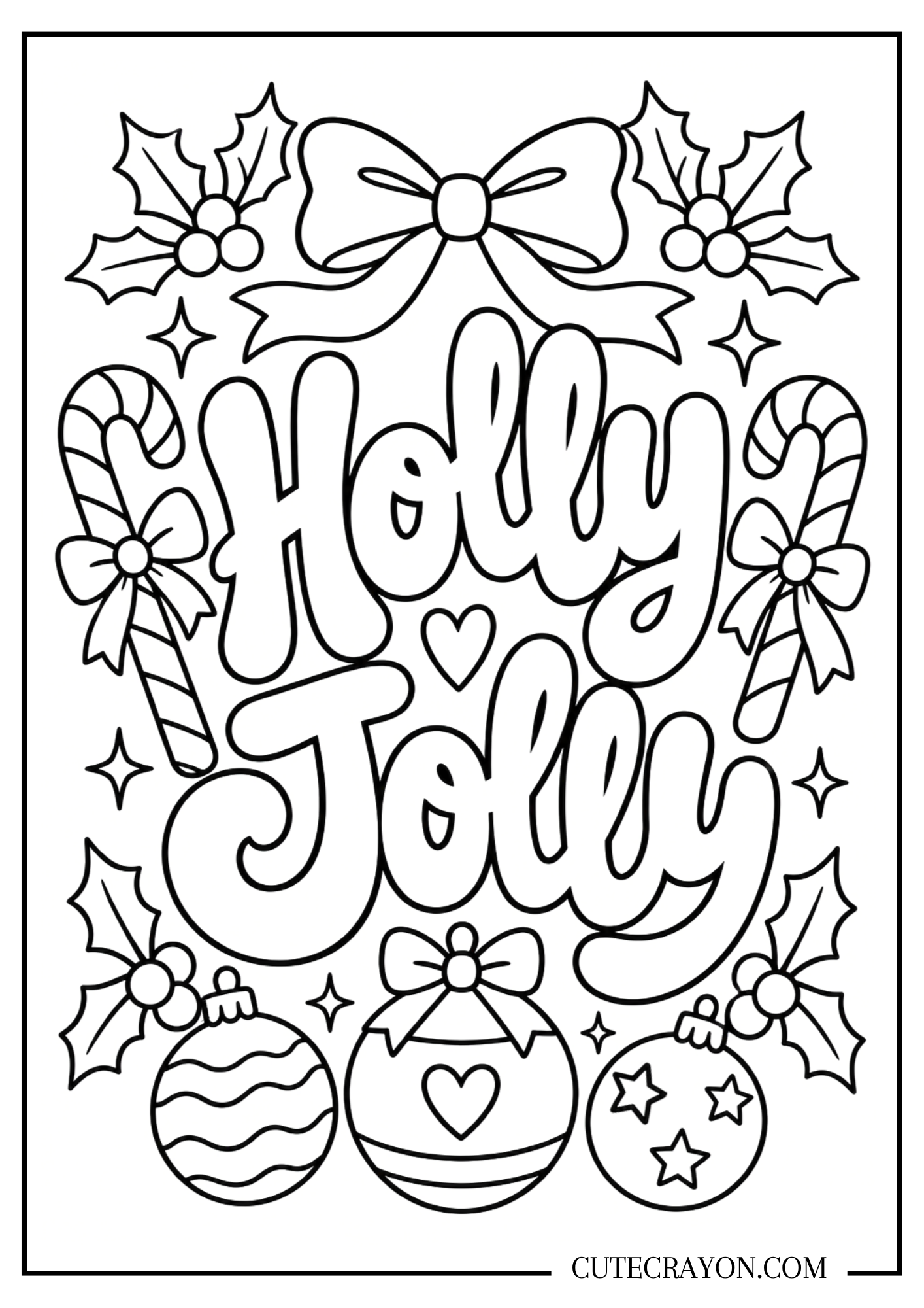 Holly Jolly Christmas coloring page with candy canes, ribbon bows, holly, and patterned ornaments – free printable PDF