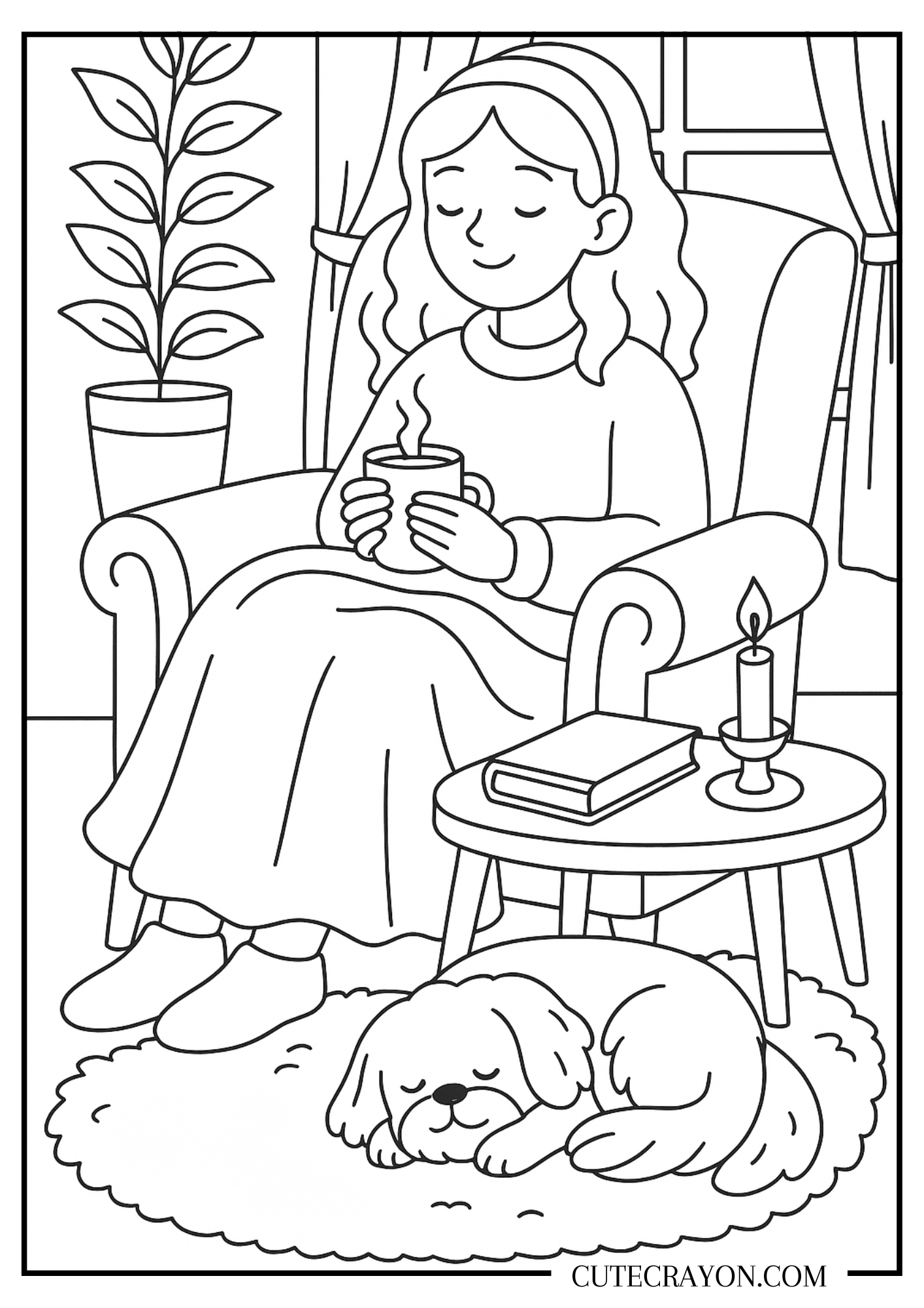Easy fall coloring sheet, free printable PDF, featuring a cozy girl holding a warm drink in an armchair with a sleeping dog, book, candle, and houseplant.