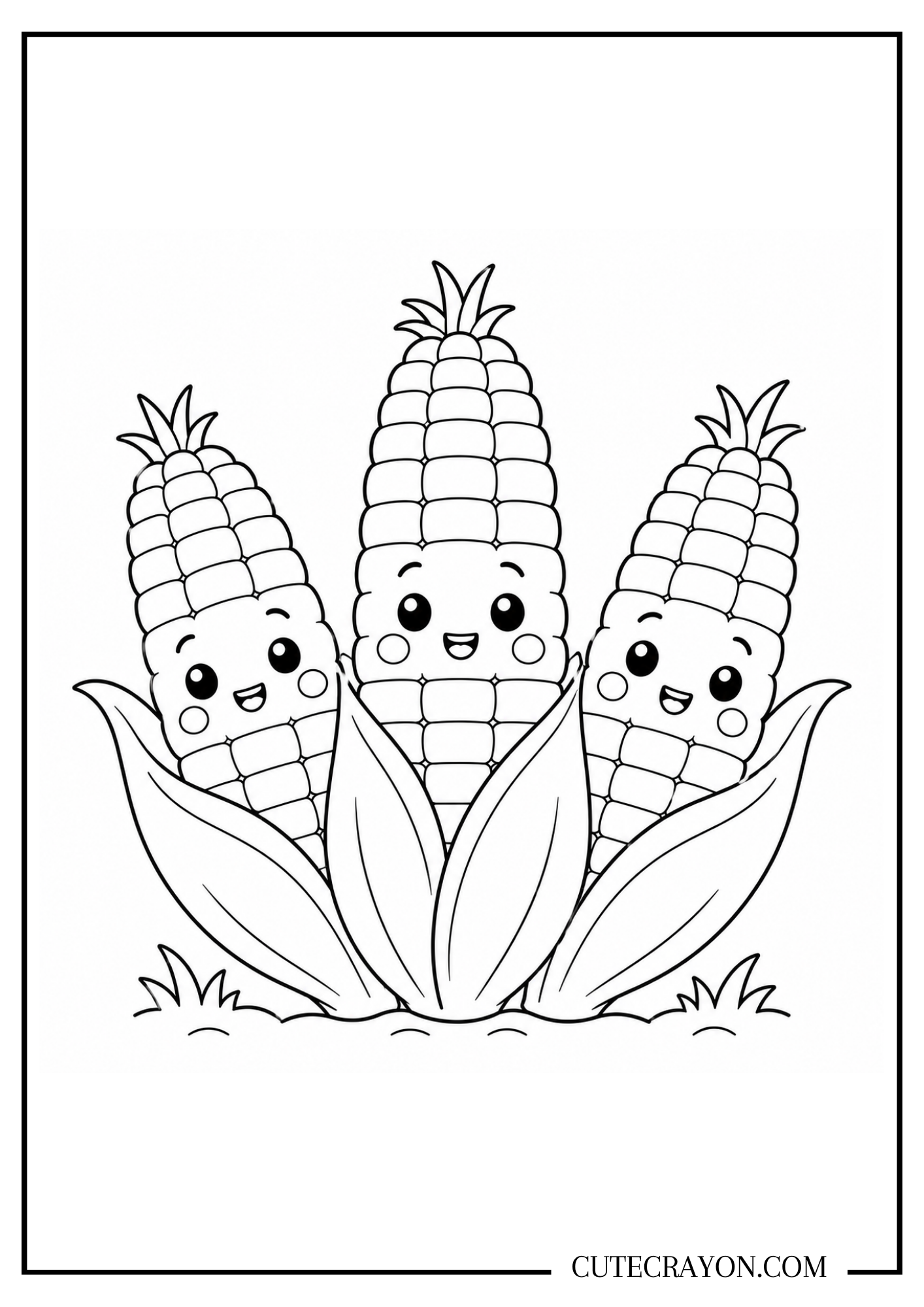 Cute fall coloring page, free printable PDF, featuring three smiling ears of corn with kawaii faces and open husks in a fun autumn scene.