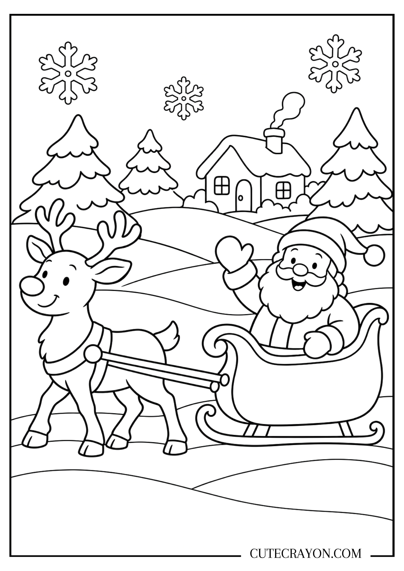 Christmas reindeer coloring page with a reindeer pulling Santa’s sleigh past snowy trees and a small house beneath falling snowflakes.