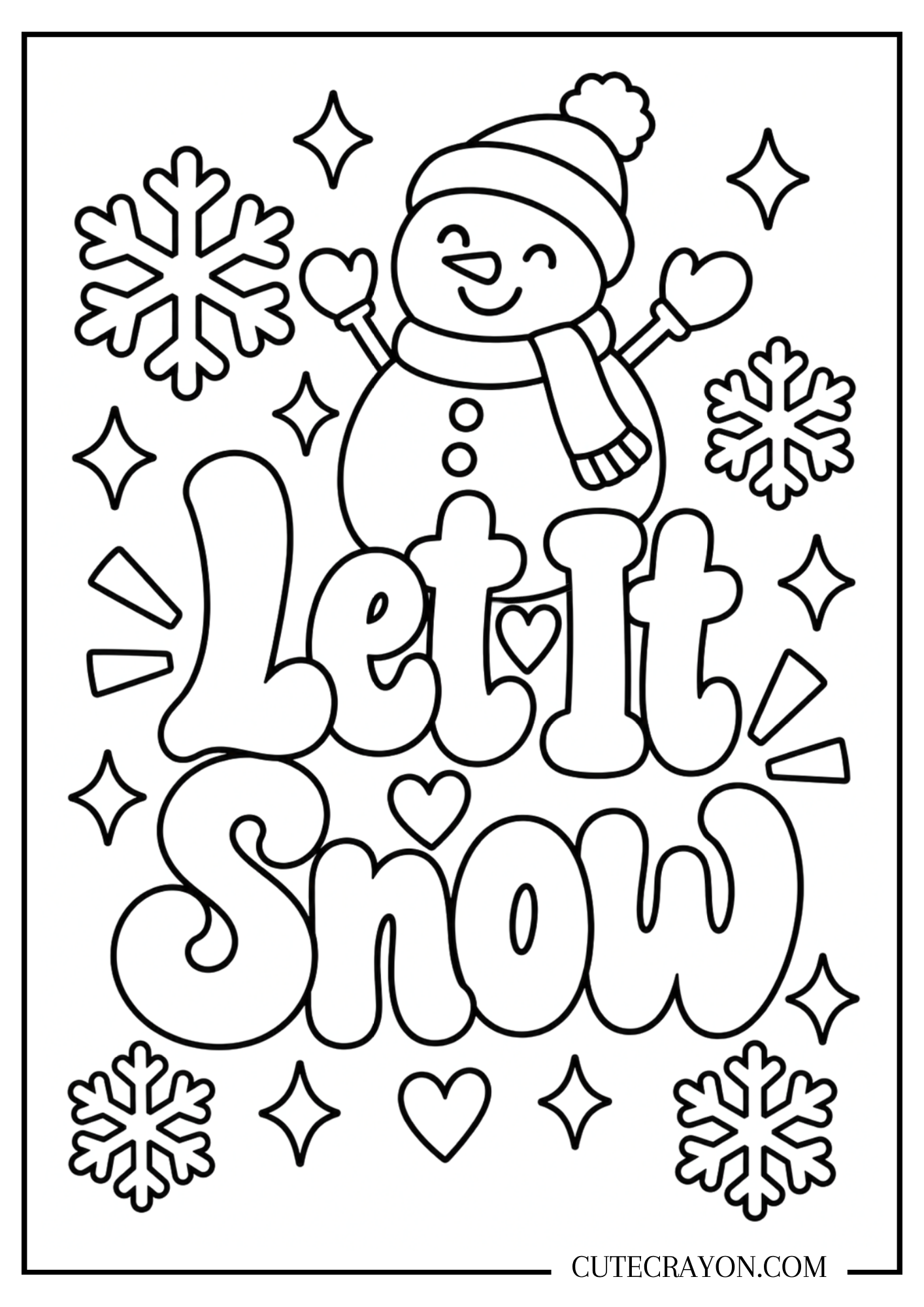 Let It Snow Christmas coloring page with a smiling snowman in a hat, scarf, and mittens – free printable PDF