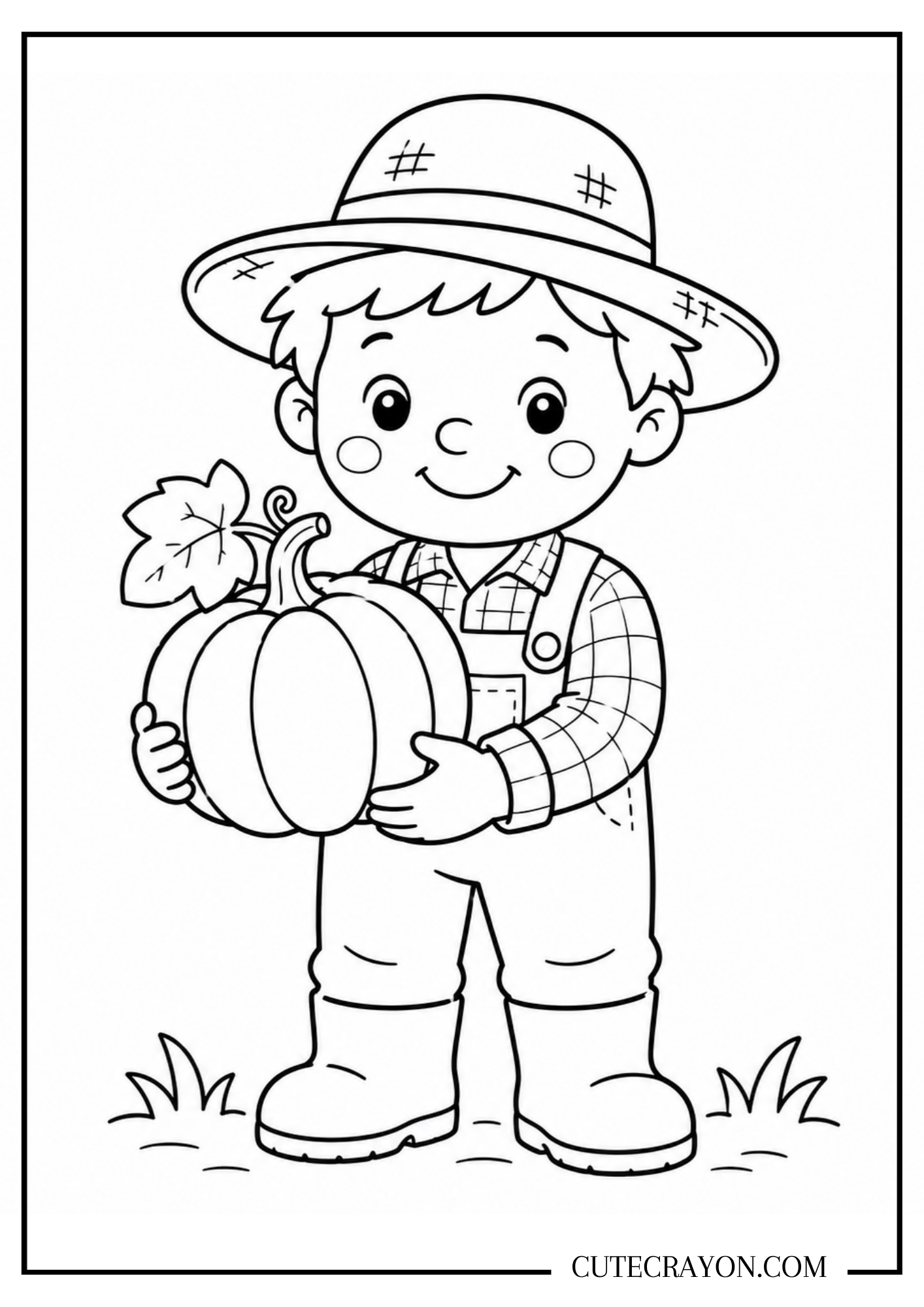 Easy fall coloring printable featuring a smiling child holding a pumpkin, wearing a farm hat, overalls, and boots.