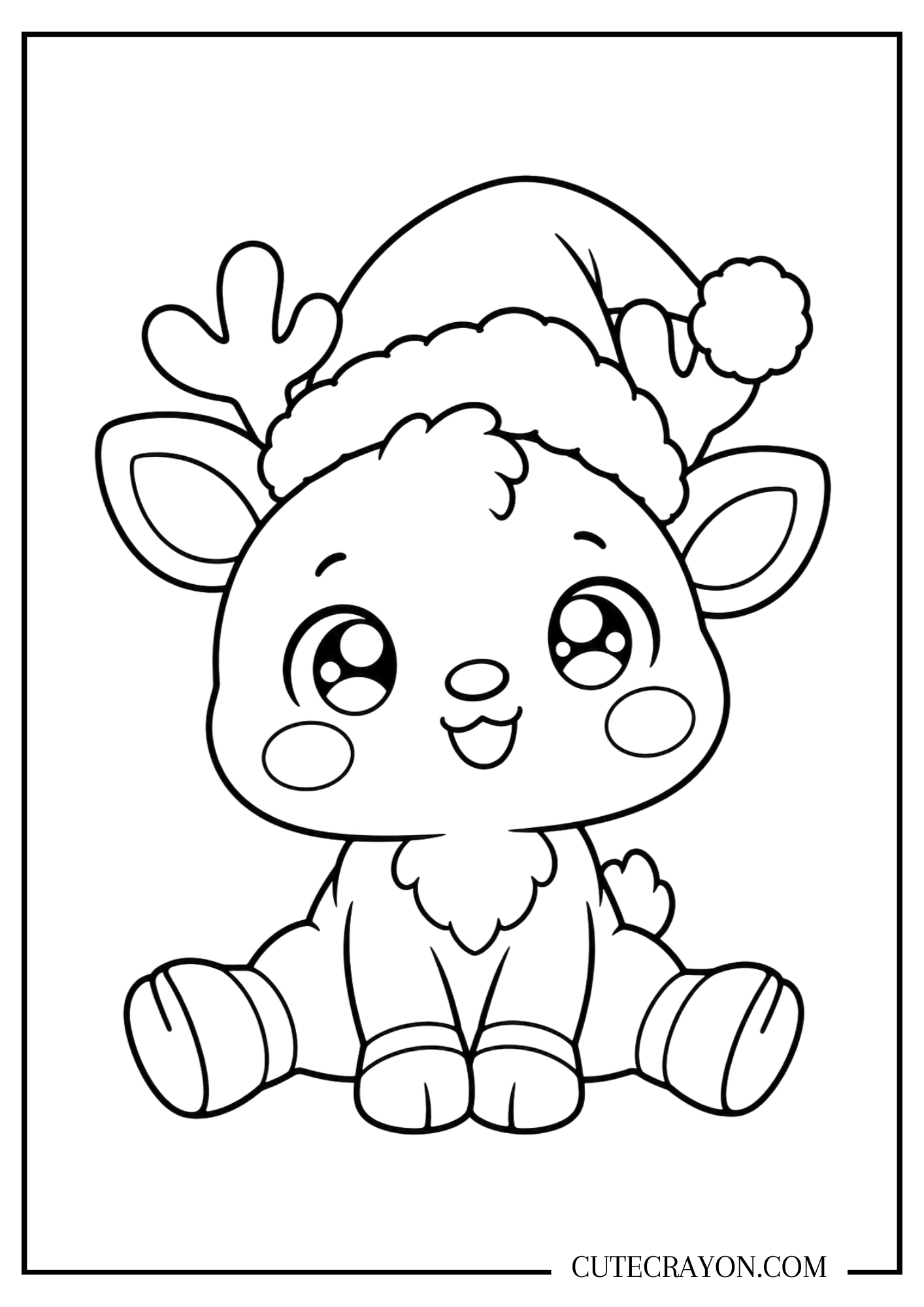 Easy Christmas reindeer coloring page with a seated baby reindeer wearing a large Santa hat.