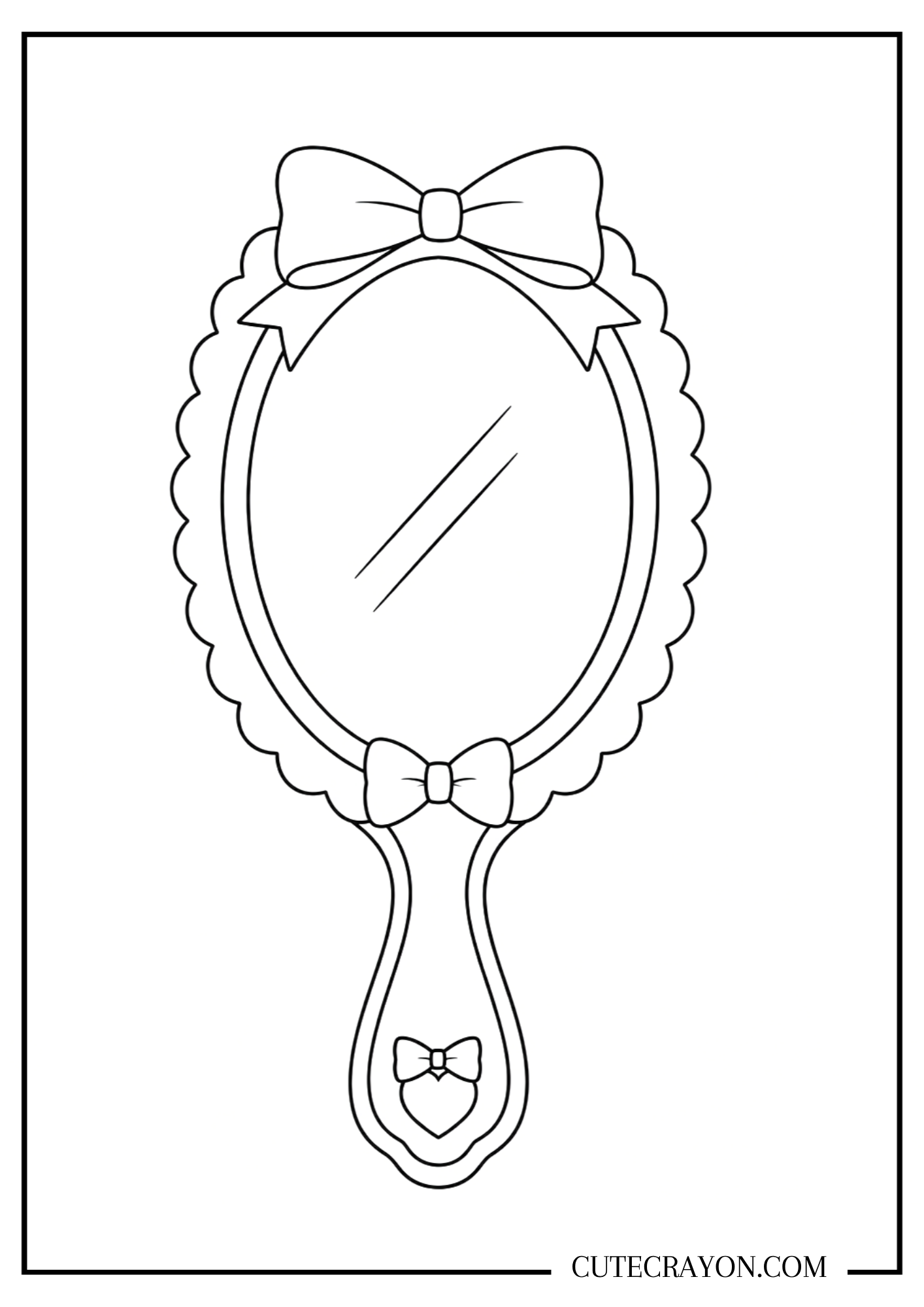 Free printable PDF easy coquette coloring page featuring a vintage hand mirror decorated with large ribbon bows, a scalloped frame, and a small heart detail.