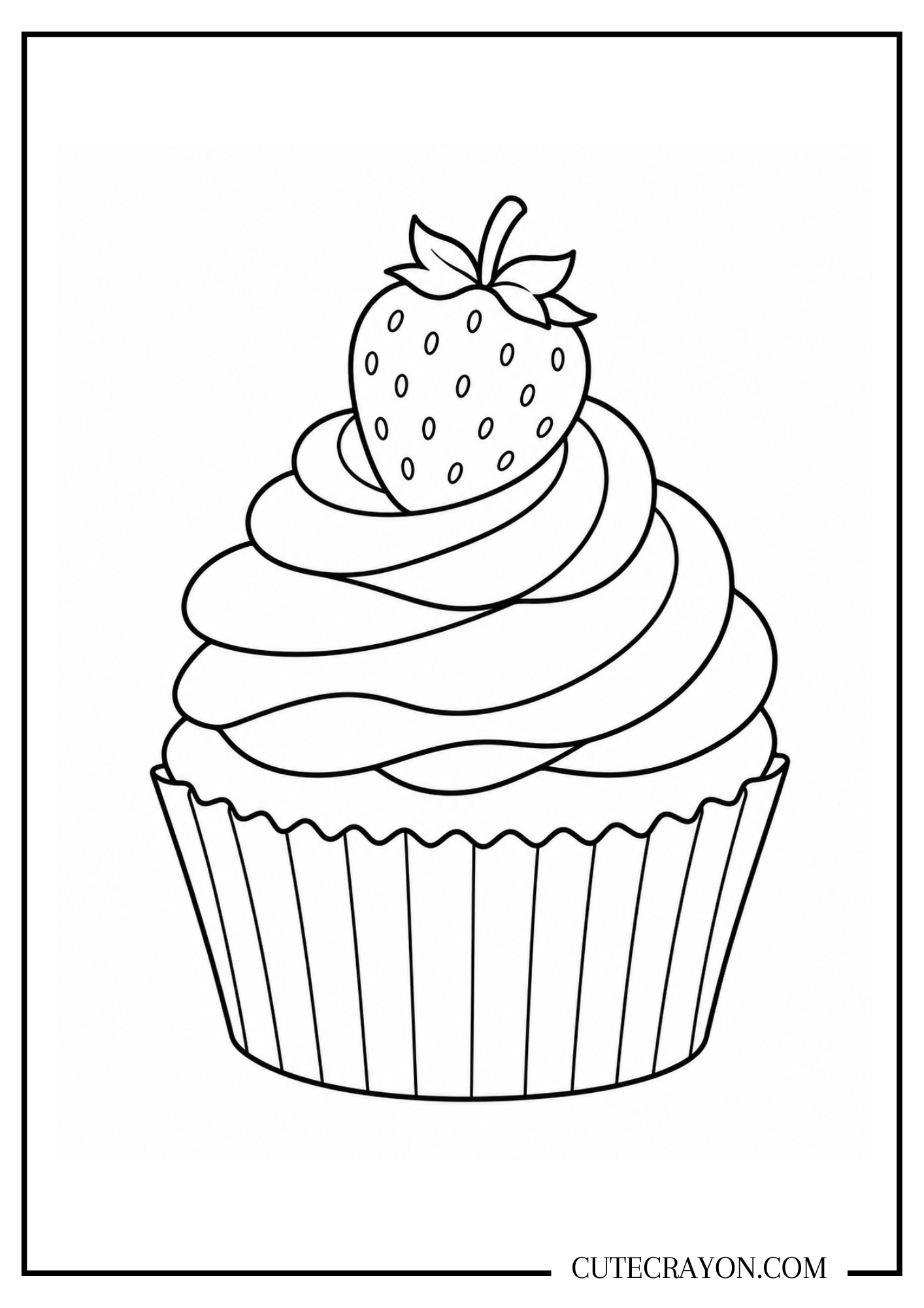 Strawberry cake coloring page featuring a cupcake with swirled frosting and a fresh strawberry on top. It's a free printable PDF.