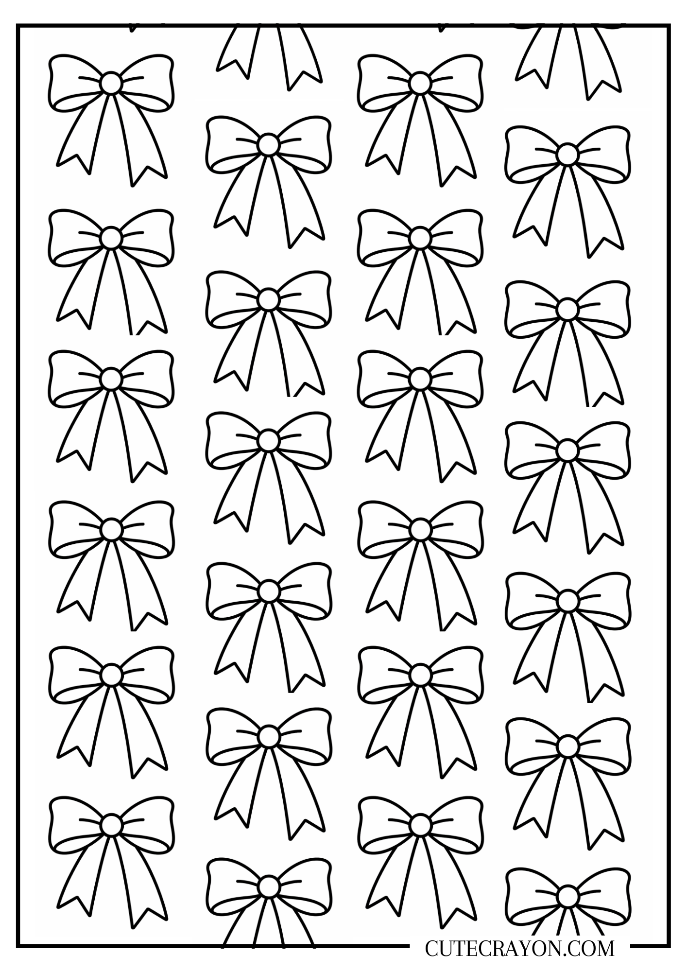 Cute girly coloring pages for teens featuring a repeating pattern of pretty bows in a simple black-and-white coloring design.