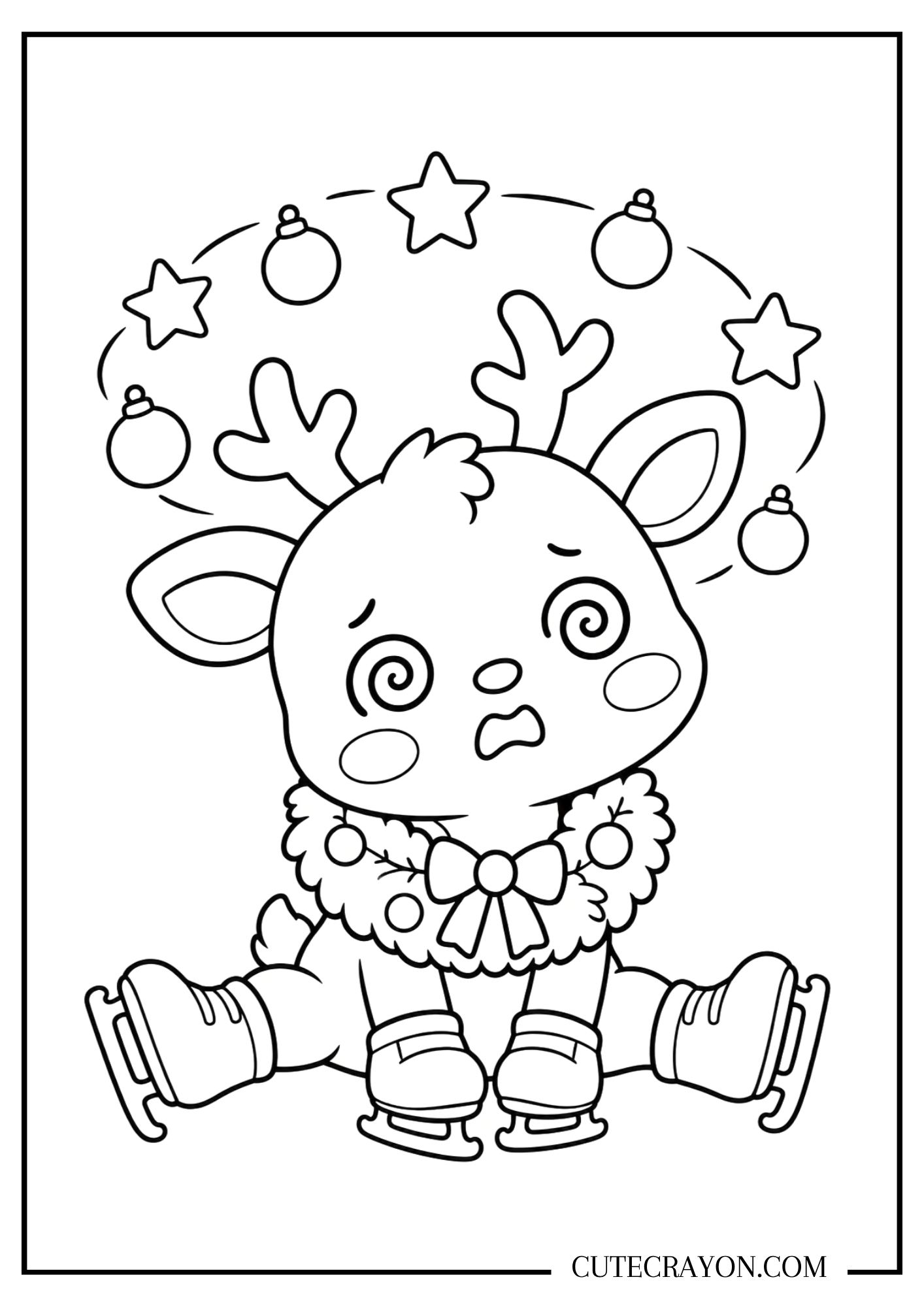 Christmas reindeer coloring page with a dizzy baby reindeer in ice skates, wearing a wreath while stars and ornaments spin around its head.