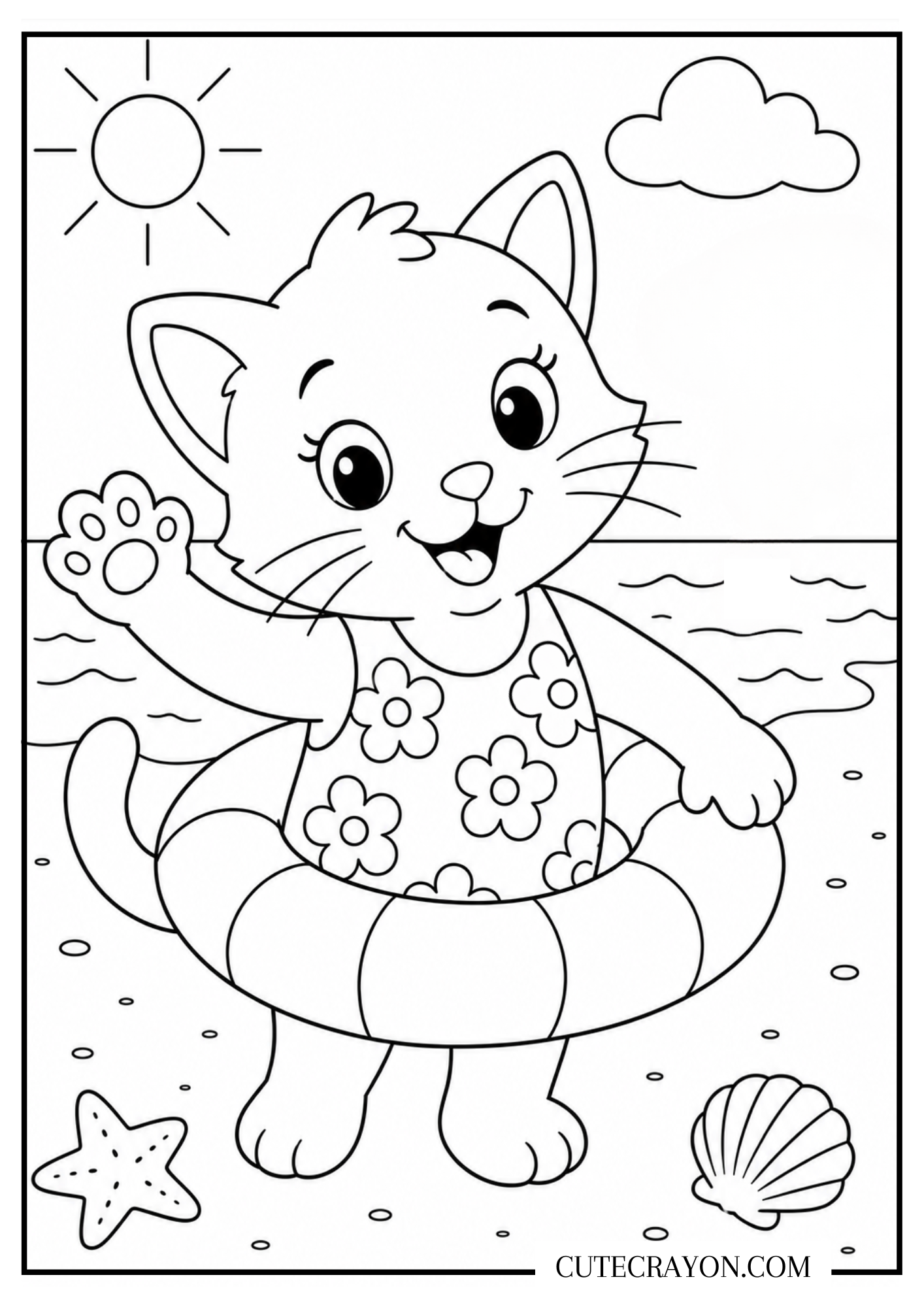 Cute summer coloring sheet featuring a happy kitten wearing a flower-pattern swimsuit and a swim ring at the beach. It's a free printable PDF.
