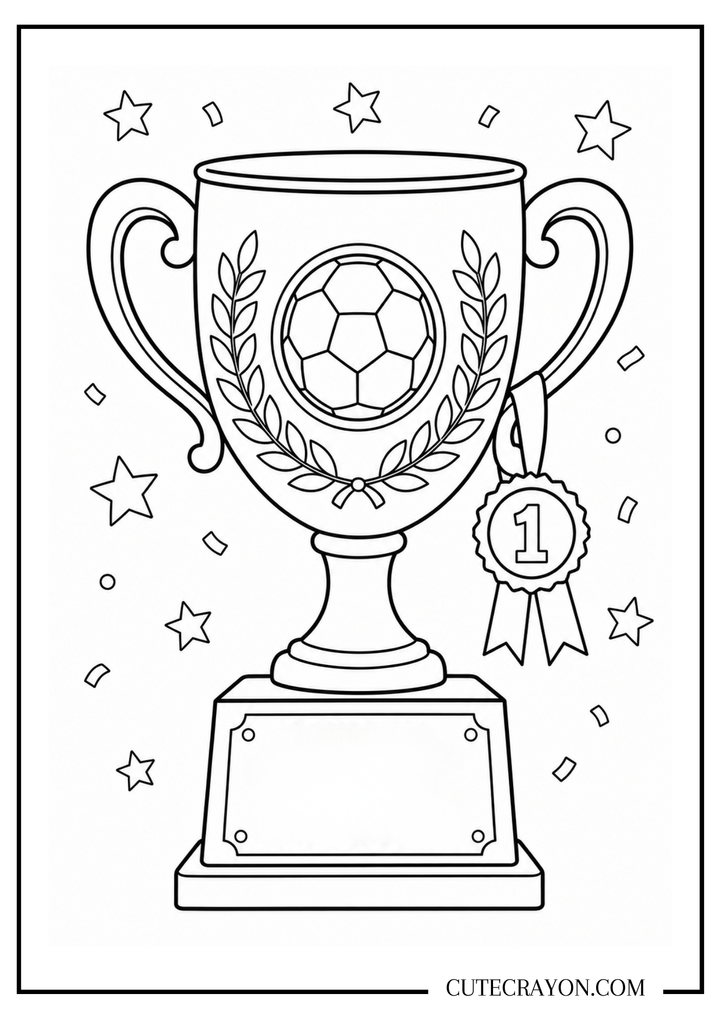 Soccer trophy coloring page featuring a championship trophy with a soccer ball emblem, first-place ribbon, stars, and confetti.