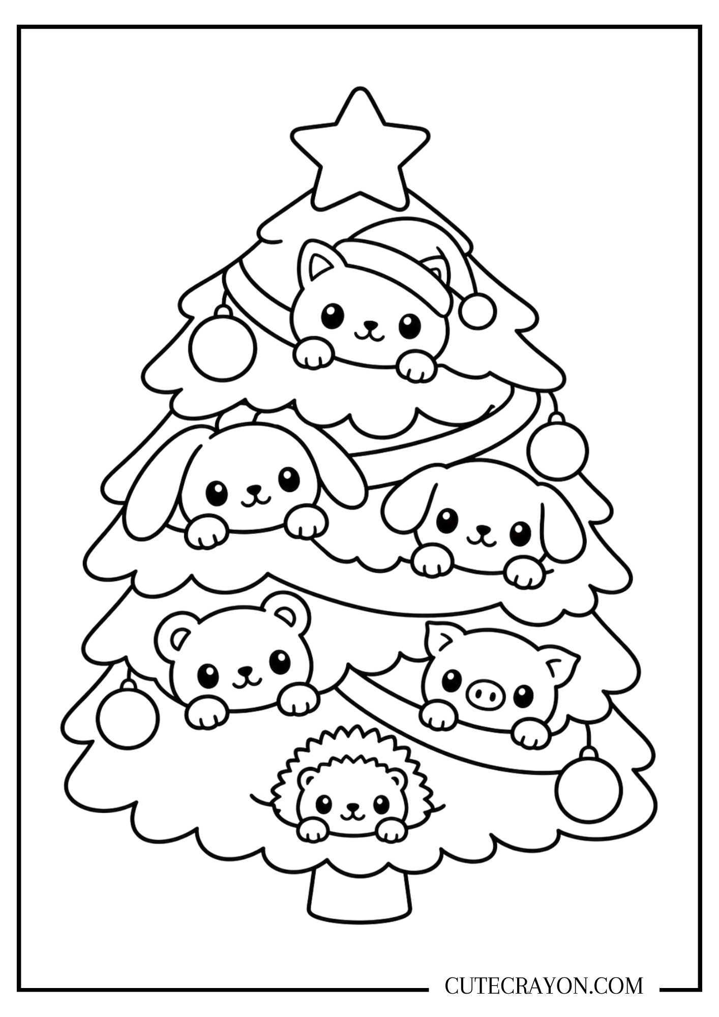 Kawaii Christmas tree coloring page with a cat, two rabbits, a bear, a pig, and a hedgehog peeking through branches decorated with ornaments.