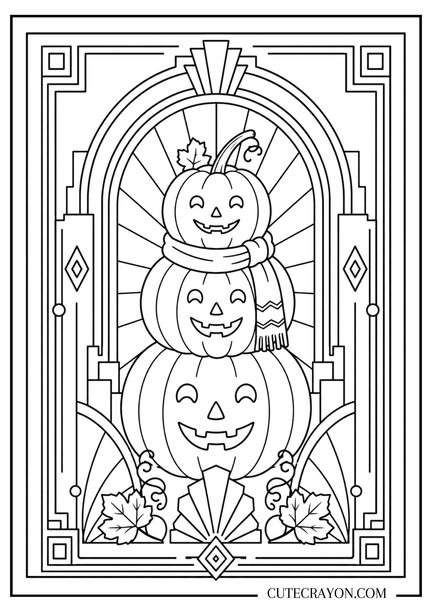 Fall pumpkin coloring page, free printable PDF, featuring three stacked smiling pumpkins in an elegant art deco frame with autumn leaves and a cozy scarf.