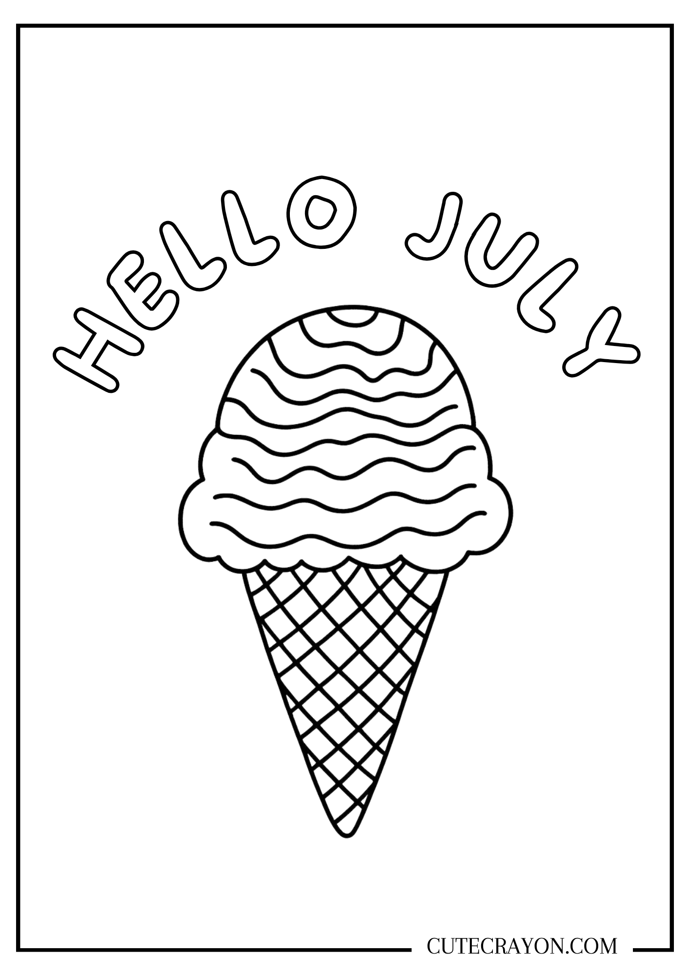 Coloring page featuring a large ice cream cone with two scoops and the words “Hello July” above it in bold bubble letters. Free printable PDF.