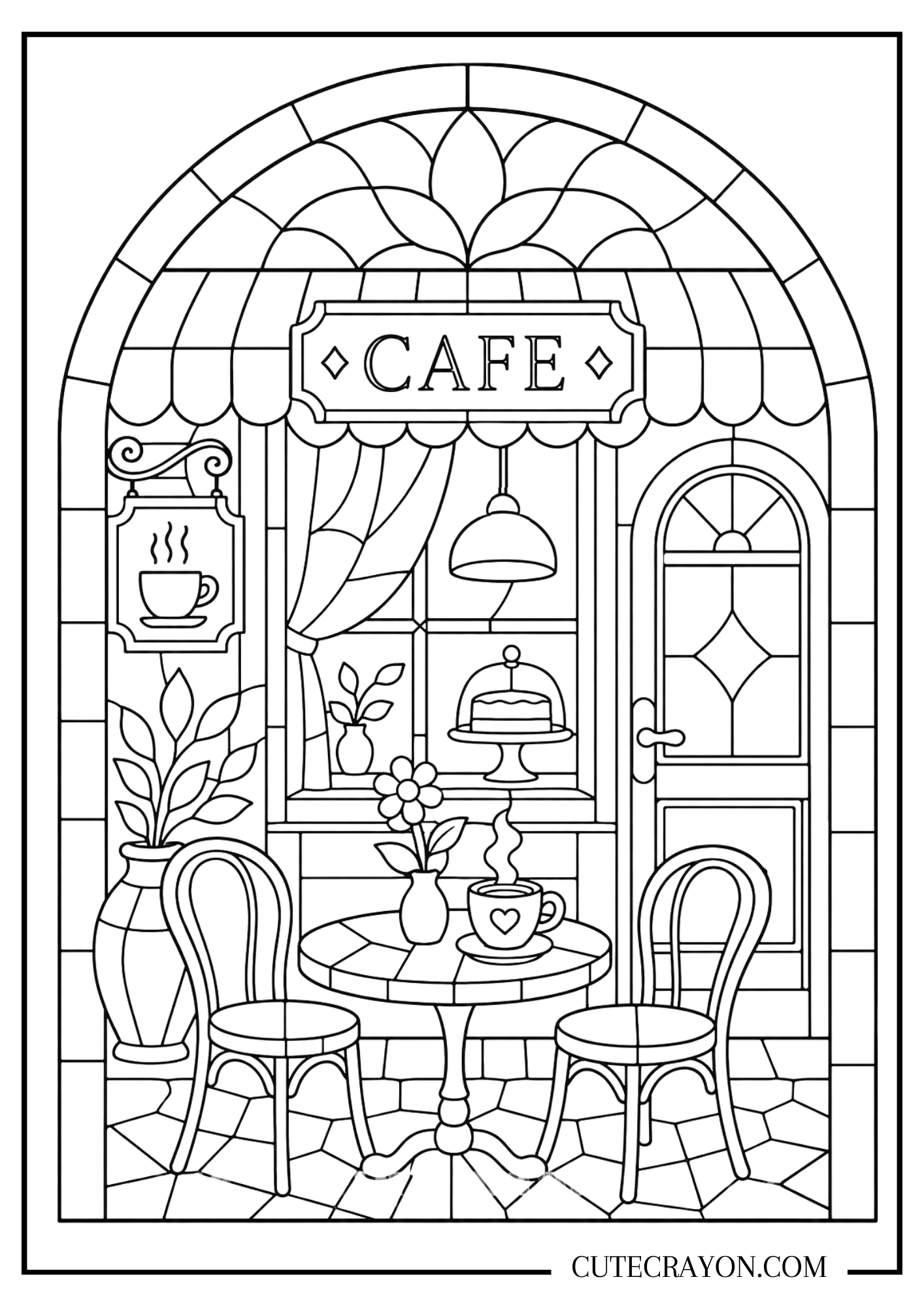 Aesthetic cafe coloring page, free printable PDF, featuring a charming café storefront with a round table, two chairs, a steaming coffee cup, flowers, a cake display, and cozy café details.