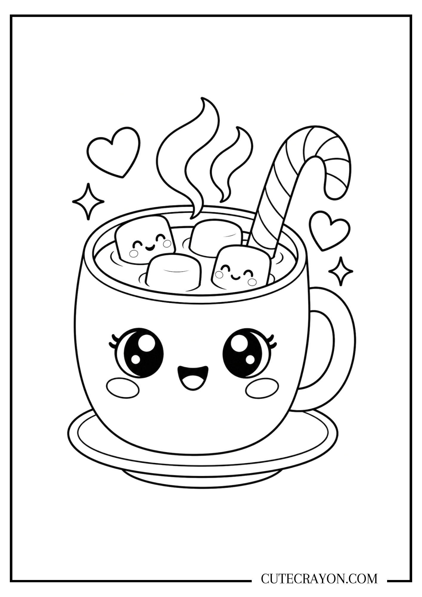 Kawaii Christmas hot chocolate coloring page with a smiling mug, marshmallows, rising steam, a candy cane, hearts, and sparkles.