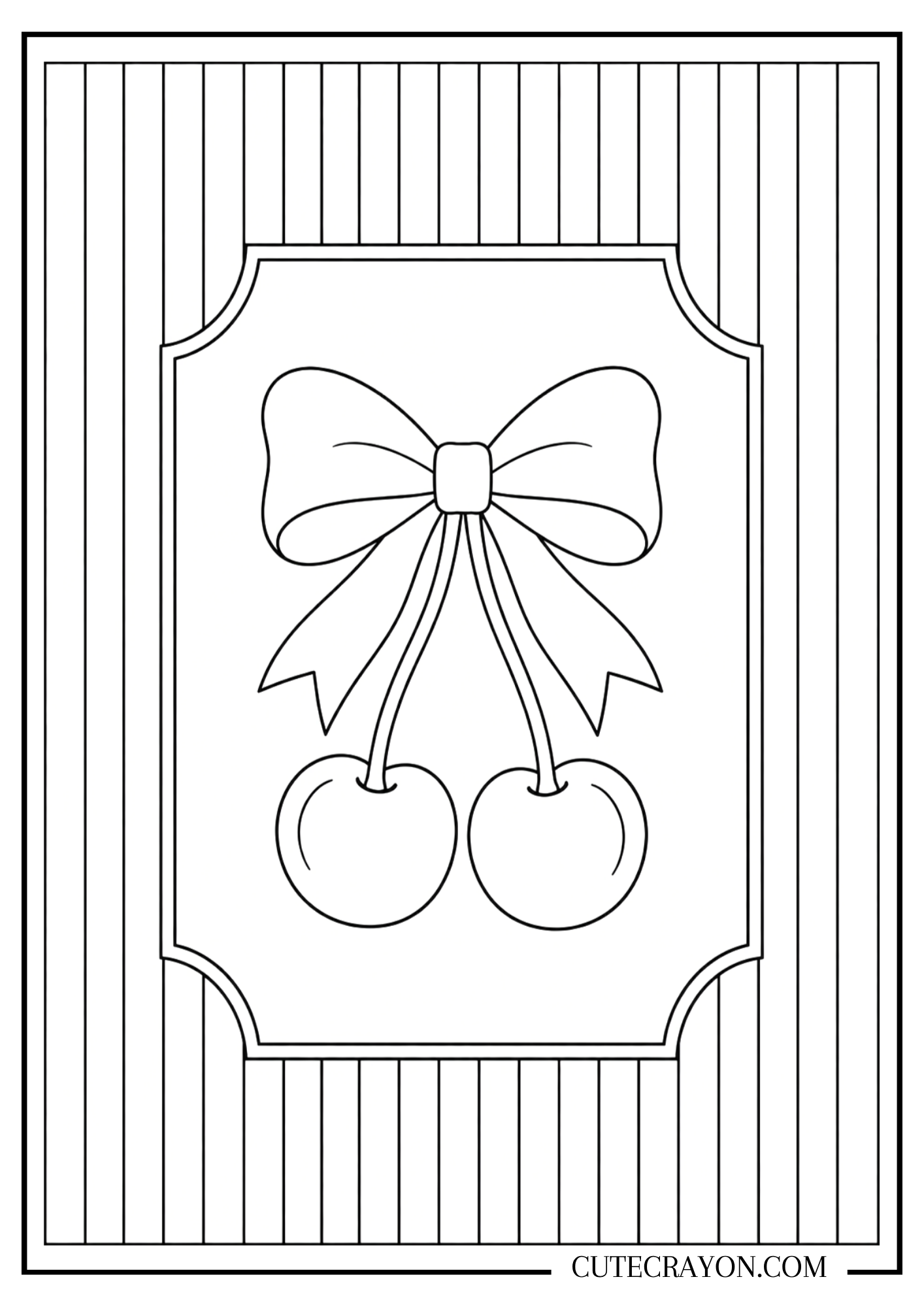 Free printable PDF coquette bow coloring page featuring two cherries tied together with a large ribbon bow in a striped vintage-style frame.