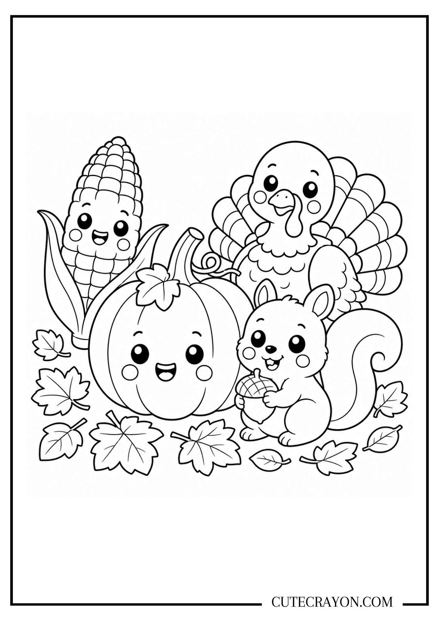 Autumn coloring page, free printable PDF, featuring a cute pumpkin, smiling corn, turkey, and squirrel with an acorn surrounded by fall leaves.