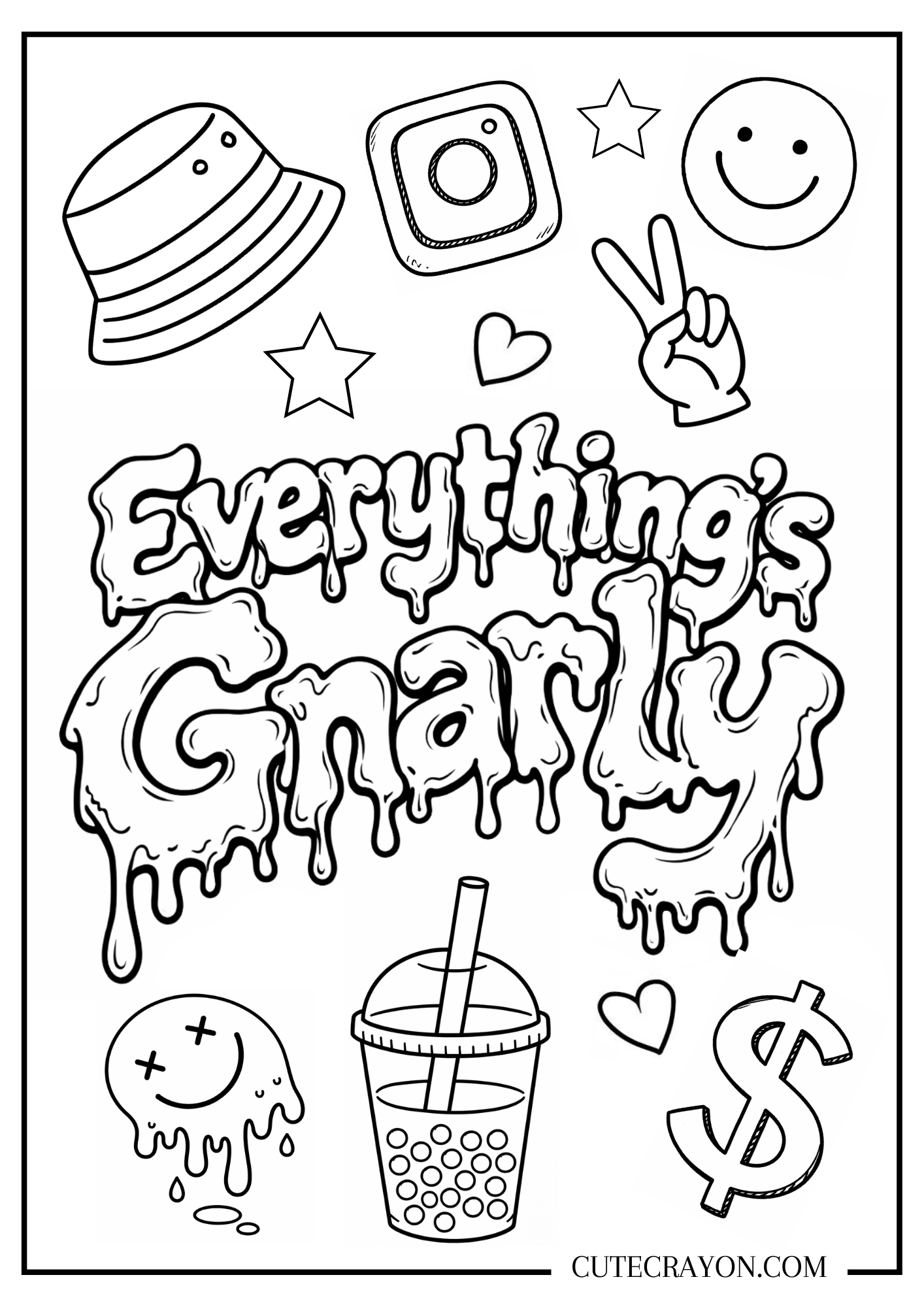 Coloring page featuring gnarly things such as instagram icon, boba tea and dollar sign