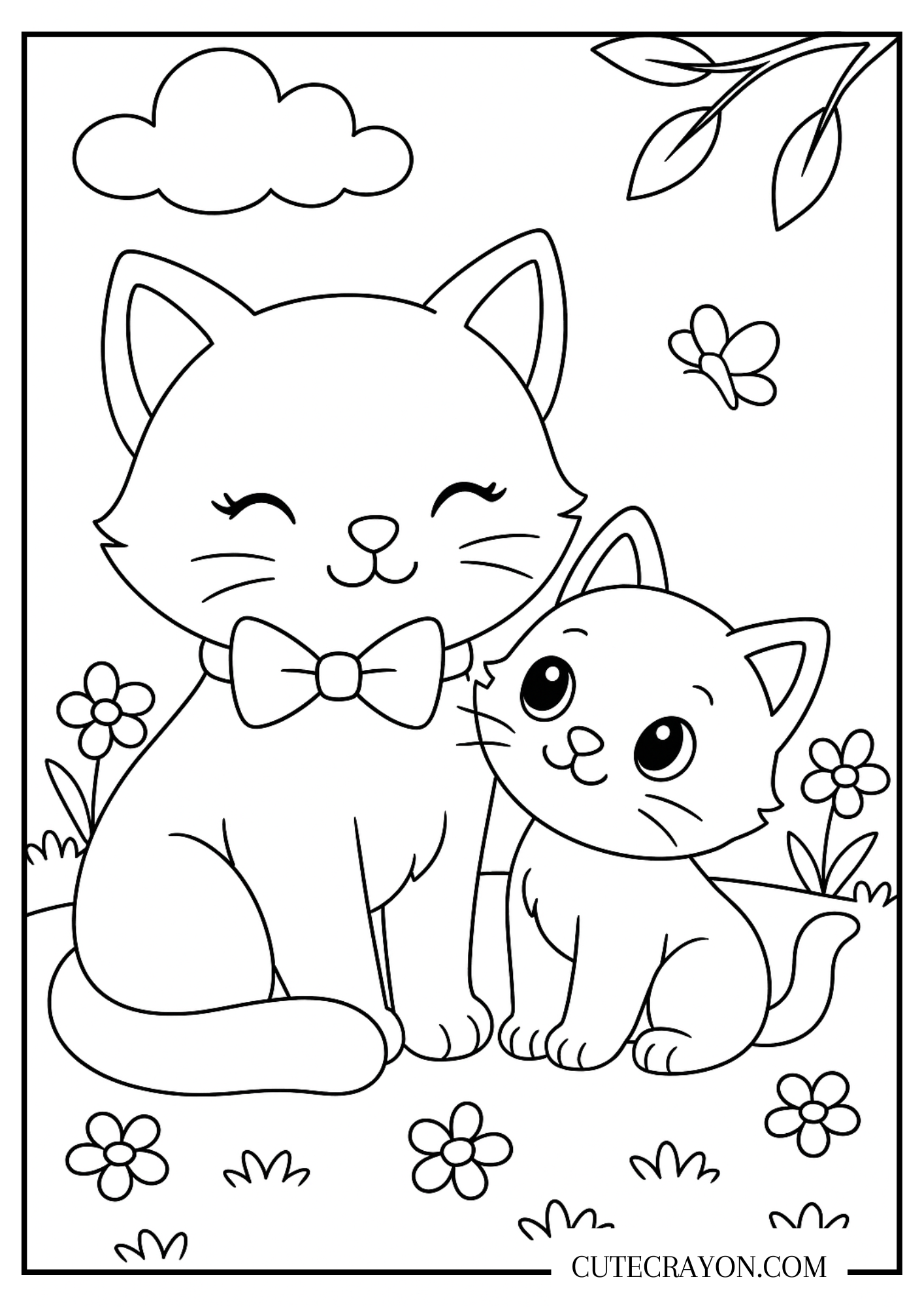 Cat coloring page with two cute cats sitting together in a flower garden with a butterfly, cloud, and tree branch. It is a free printable pdf.